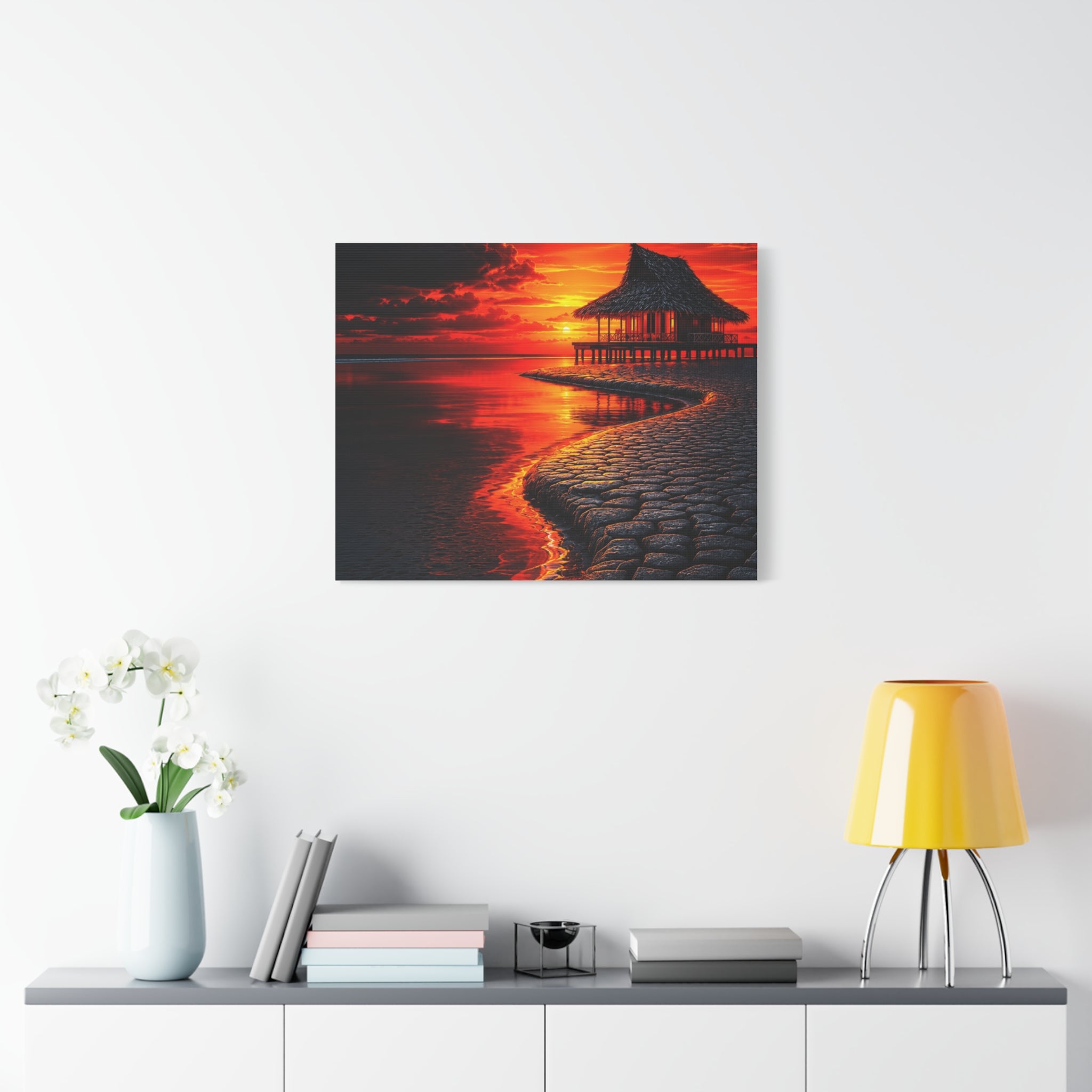 Tropical Sunset Canvas Wall Art — Exotic Hut over Lava-Red Ocean, Matte Stretched 1.25"