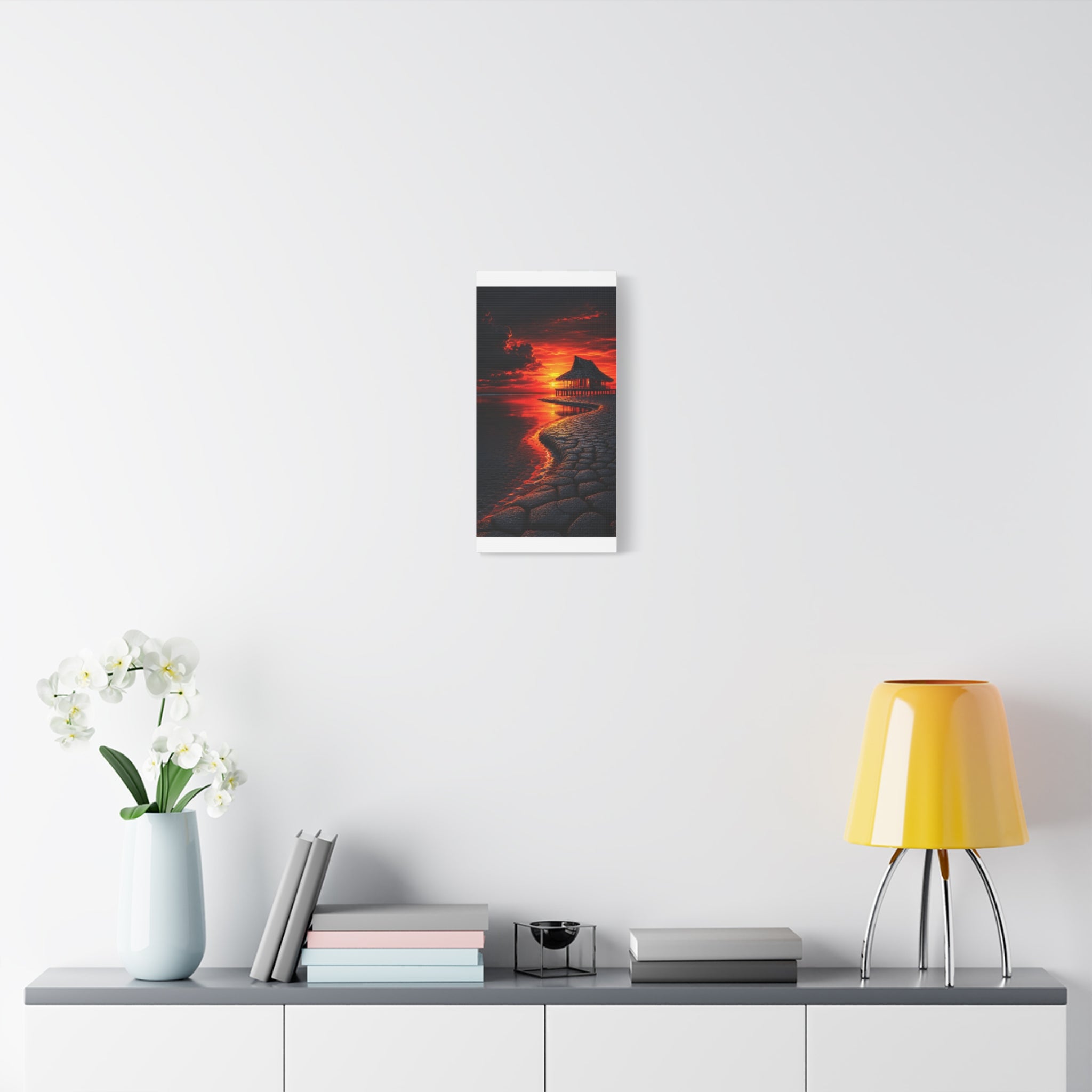 Tropical Sunset Canvas Wall Art — Exotic Hut over Lava-Red Ocean, Matte Stretched 1.25"