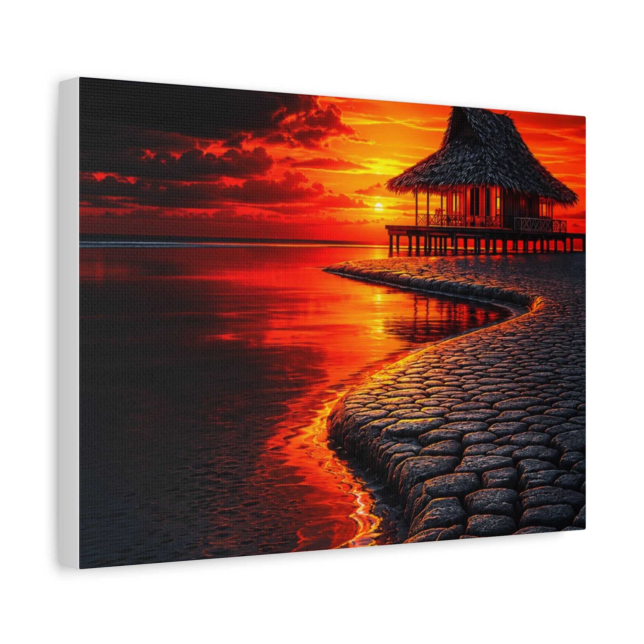 Tropical Sunset Canvas Wall Art — Exotic Hut over Lava-Red Ocean, Matte Stretched 1.25"