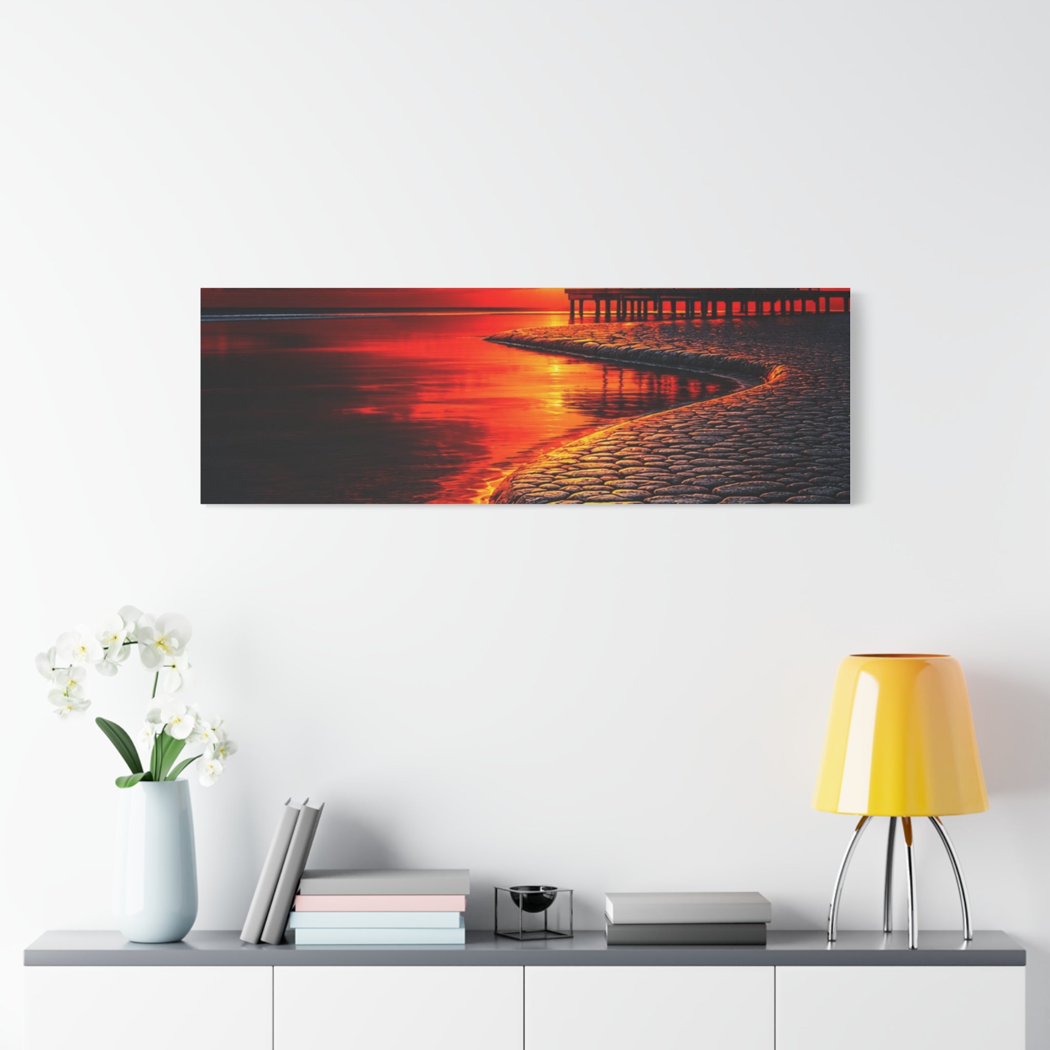Tropical Sunset Canvas Wall Art — Exotic Hut over Lava-Red Ocean, Matte Stretched 1.25"
