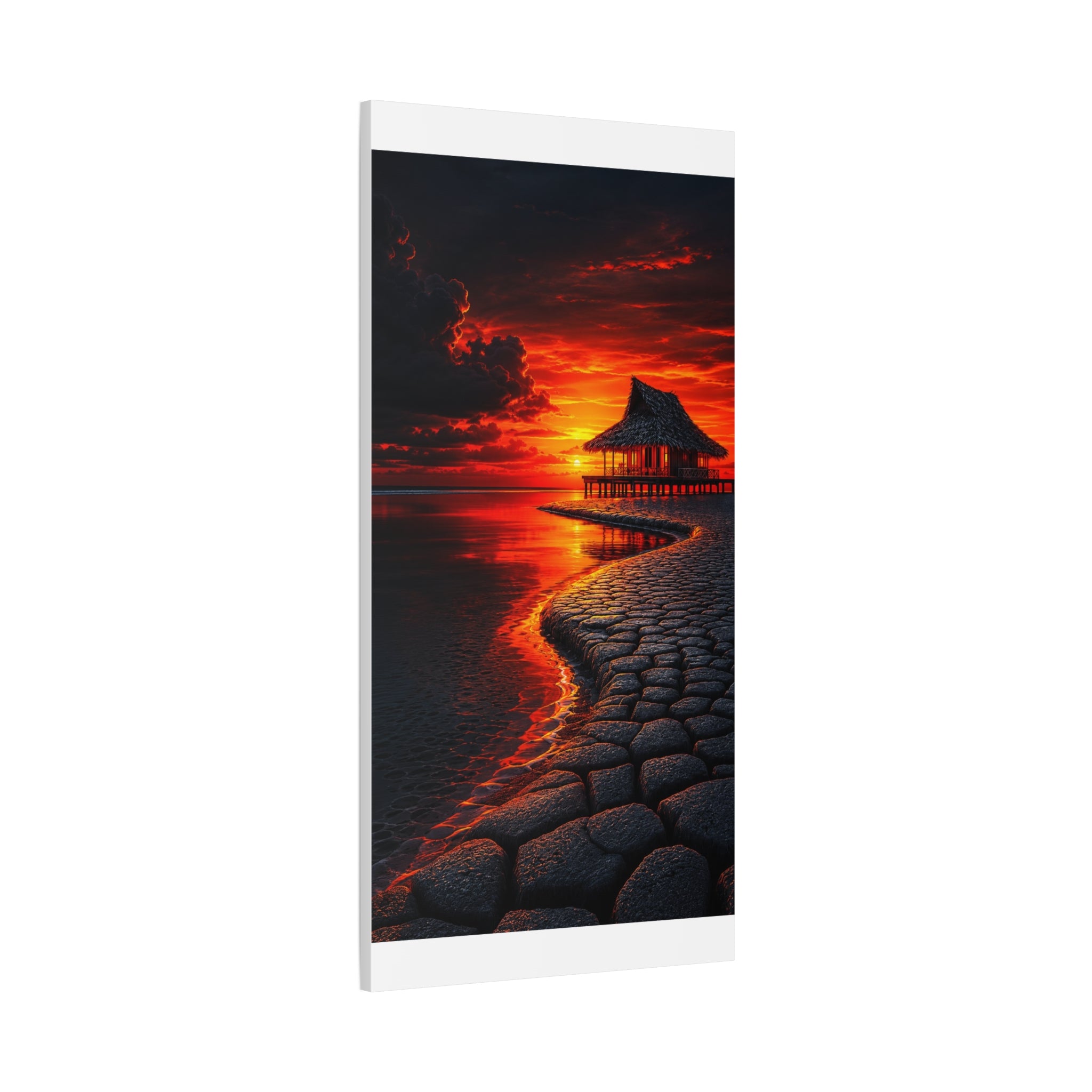 Tropical Sunset Canvas Wall Art — Exotic Hut over Lava-Red Ocean, Matte Stretched 1.25"