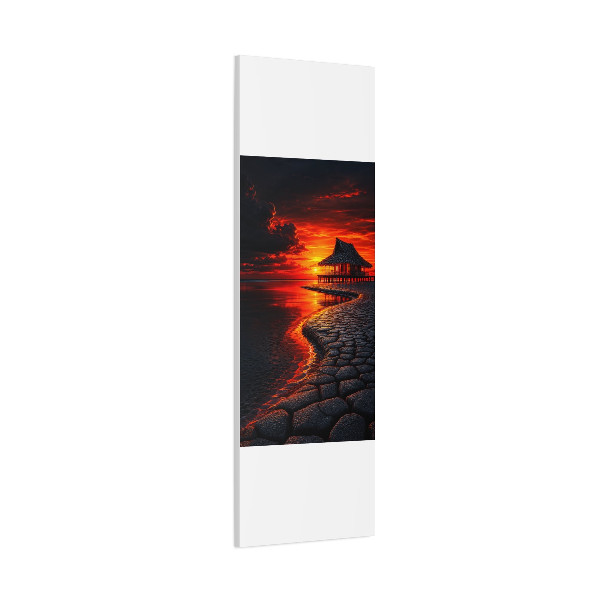 Tropical Sunset Canvas Wall Art — Exotic Hut over Lava-Red Ocean, Matte Stretched 1.25"