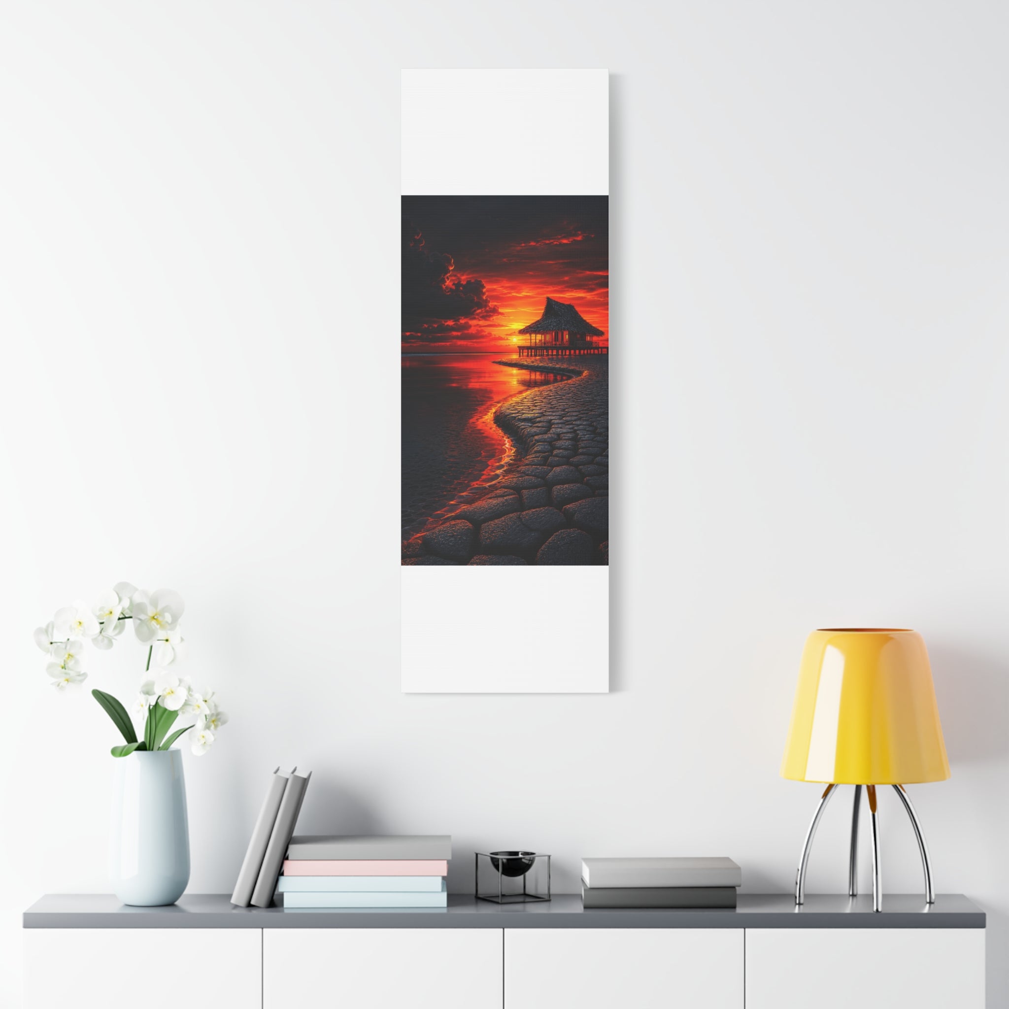 Tropical Sunset Canvas Wall Art — Exotic Hut over Lava-Red Ocean, Matte Stretched 1.25"