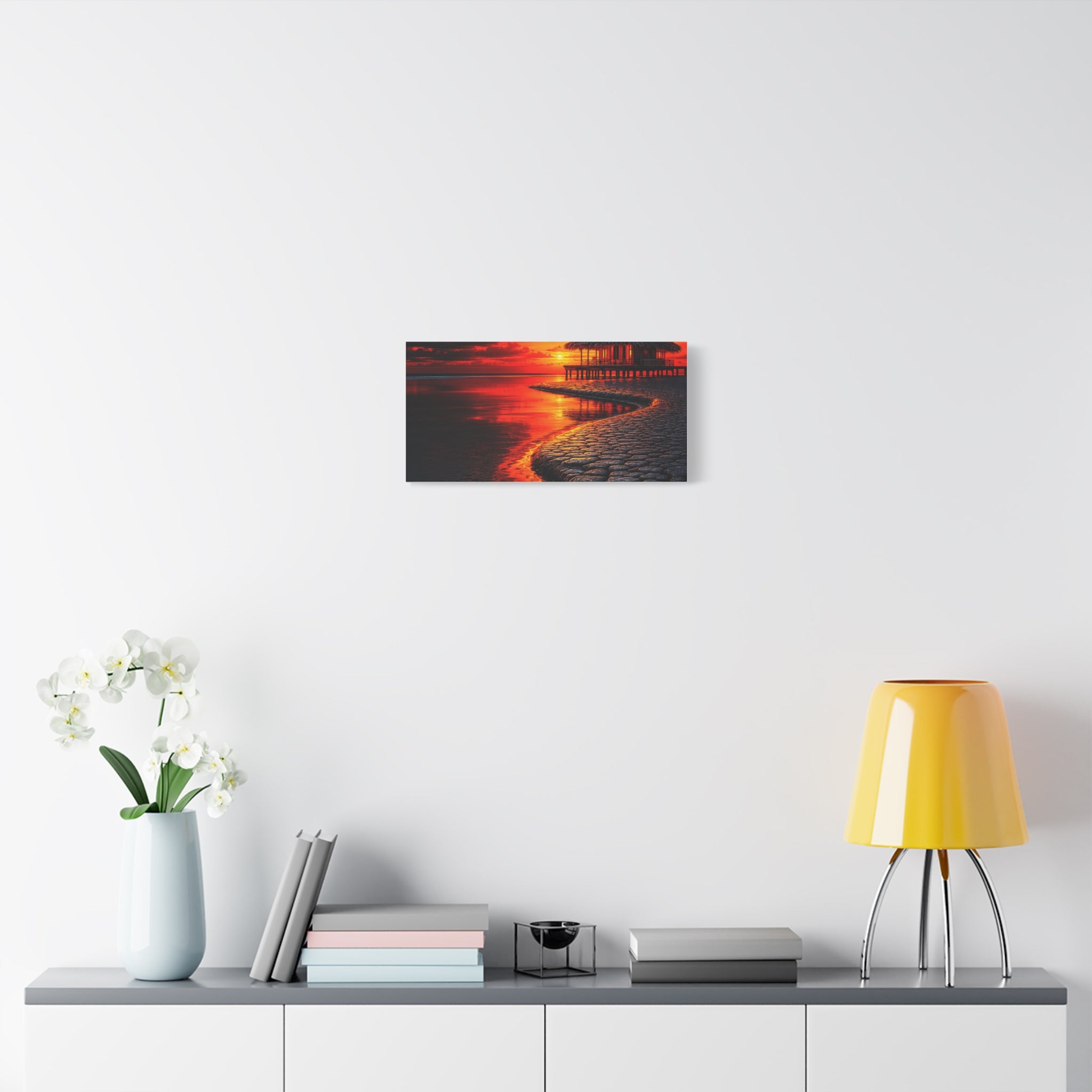 Tropical Sunset Canvas Wall Art — Exotic Hut over Lava-Red Ocean, Matte Stretched 1.25"