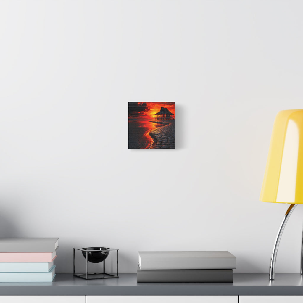 Tropical Sunset Canvas Wall Art — Exotic Hut over Lava-Red Ocean, Matte Stretched 1.25"