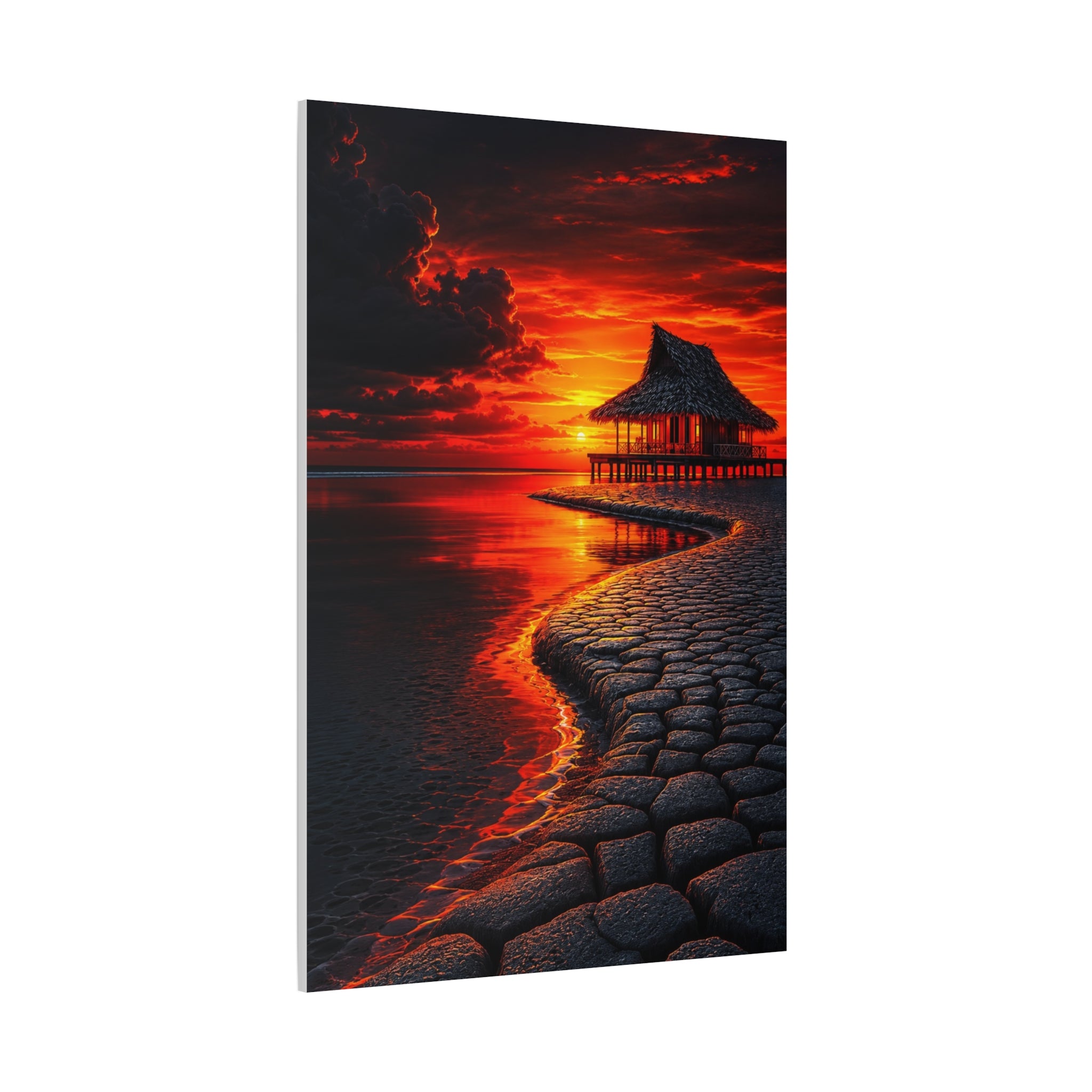 Tropical Sunset Canvas Wall Art — Exotic Hut over Lava-Red Ocean, Matte Stretched 1.25"