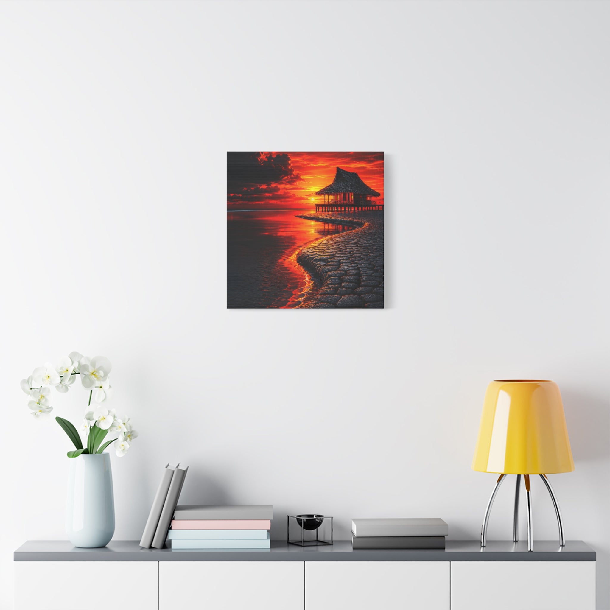 Tropical Sunset Canvas Wall Art — Exotic Hut over Lava-Red Ocean, Matte Stretched 1.25"