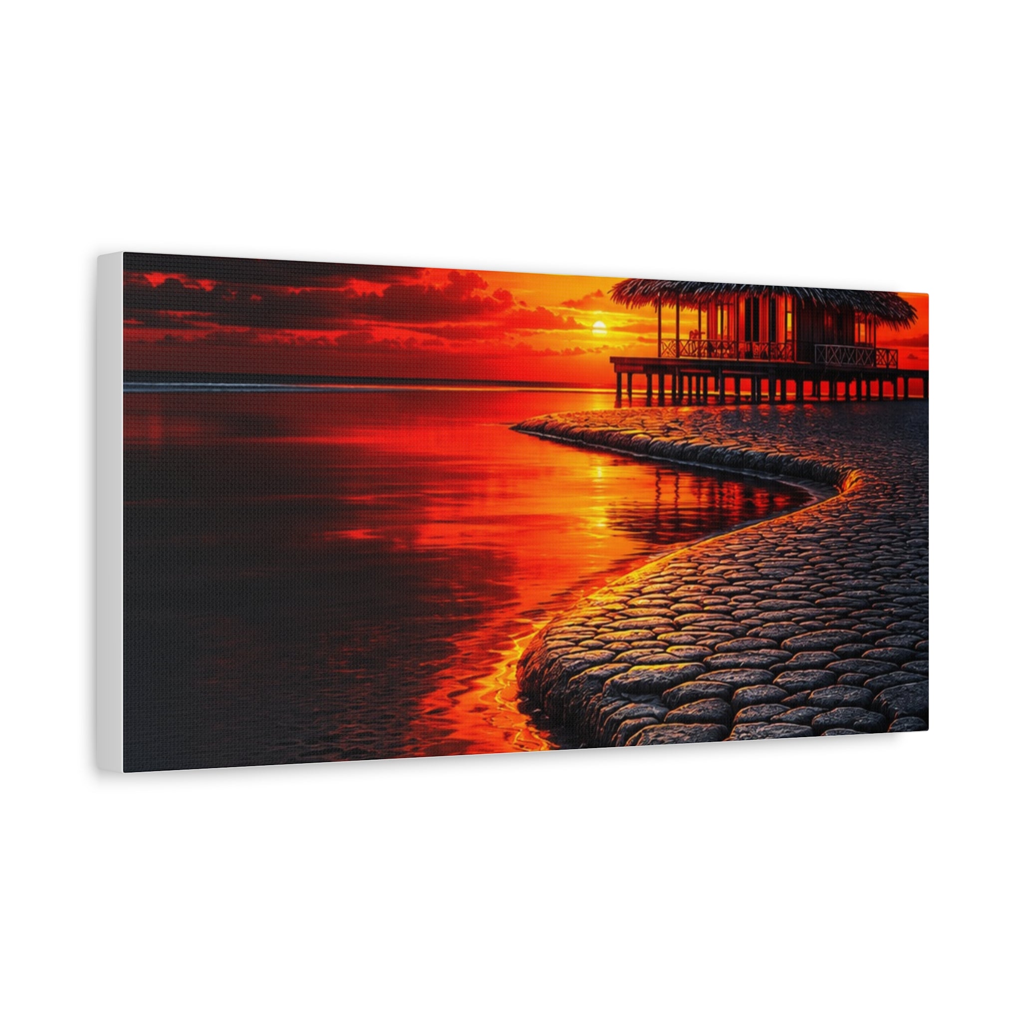 Tropical Sunset Canvas Wall Art — Exotic Hut over Lava-Red Ocean, Matte Stretched 1.25"