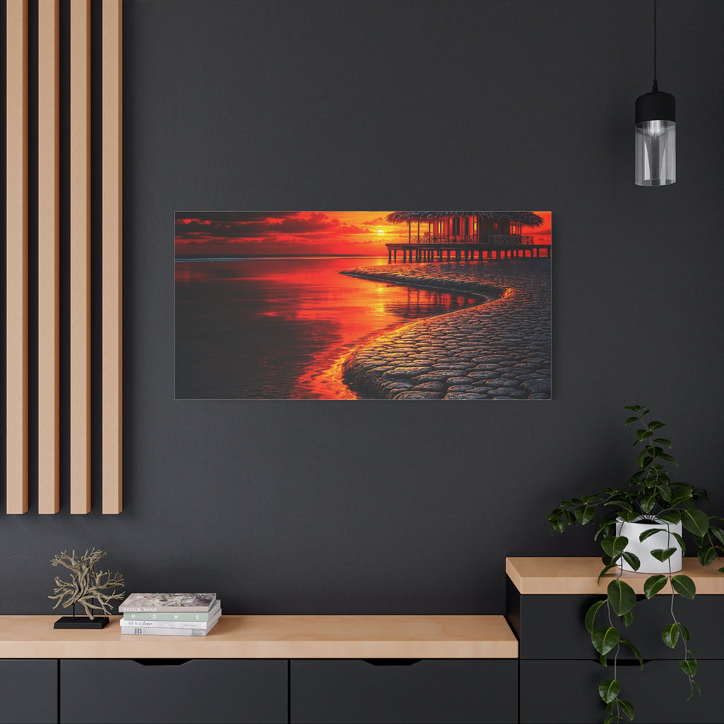 Tropical Sunset Canvas Wall Art — Exotic Hut over Lava-Red Ocean, Matte Stretched 1.25"
