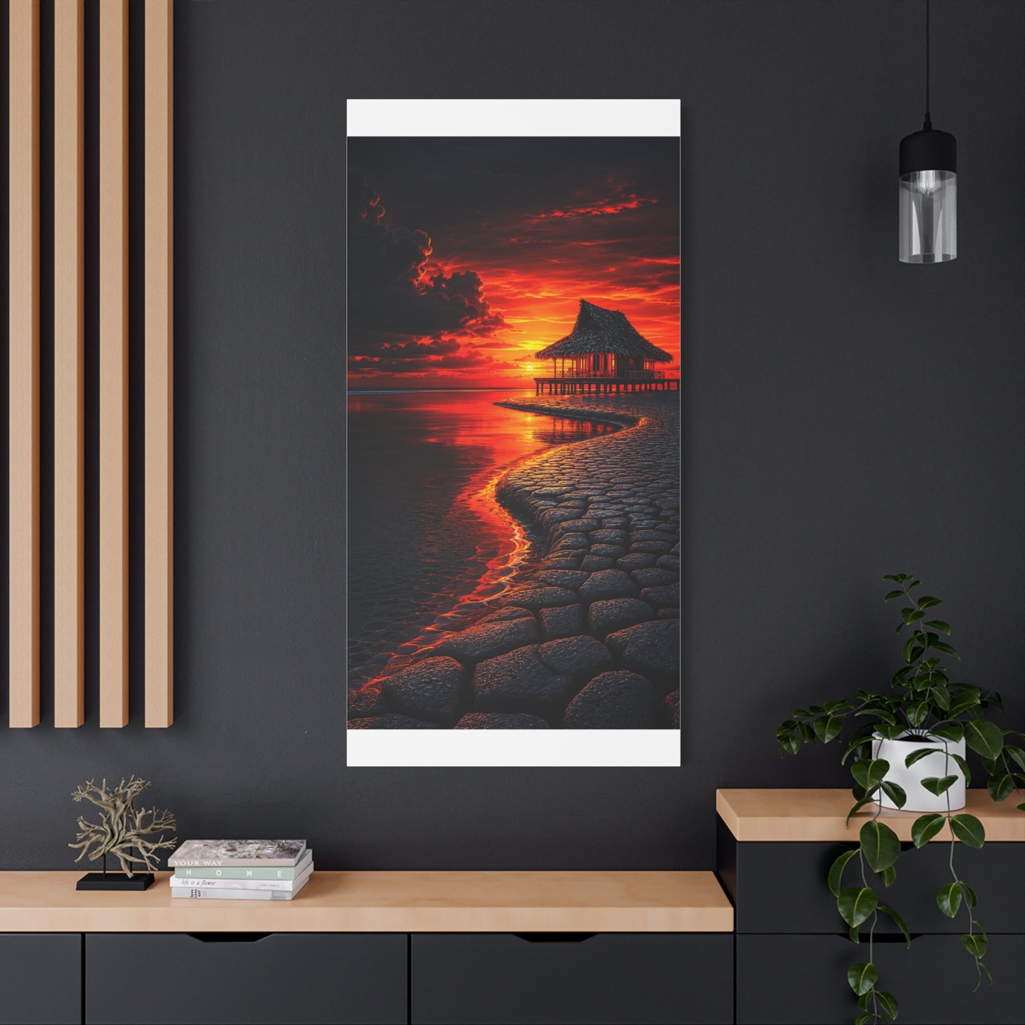 Tropical Sunset Canvas Wall Art — Exotic Hut over Lava-Red Ocean, Matte Stretched 1.25"