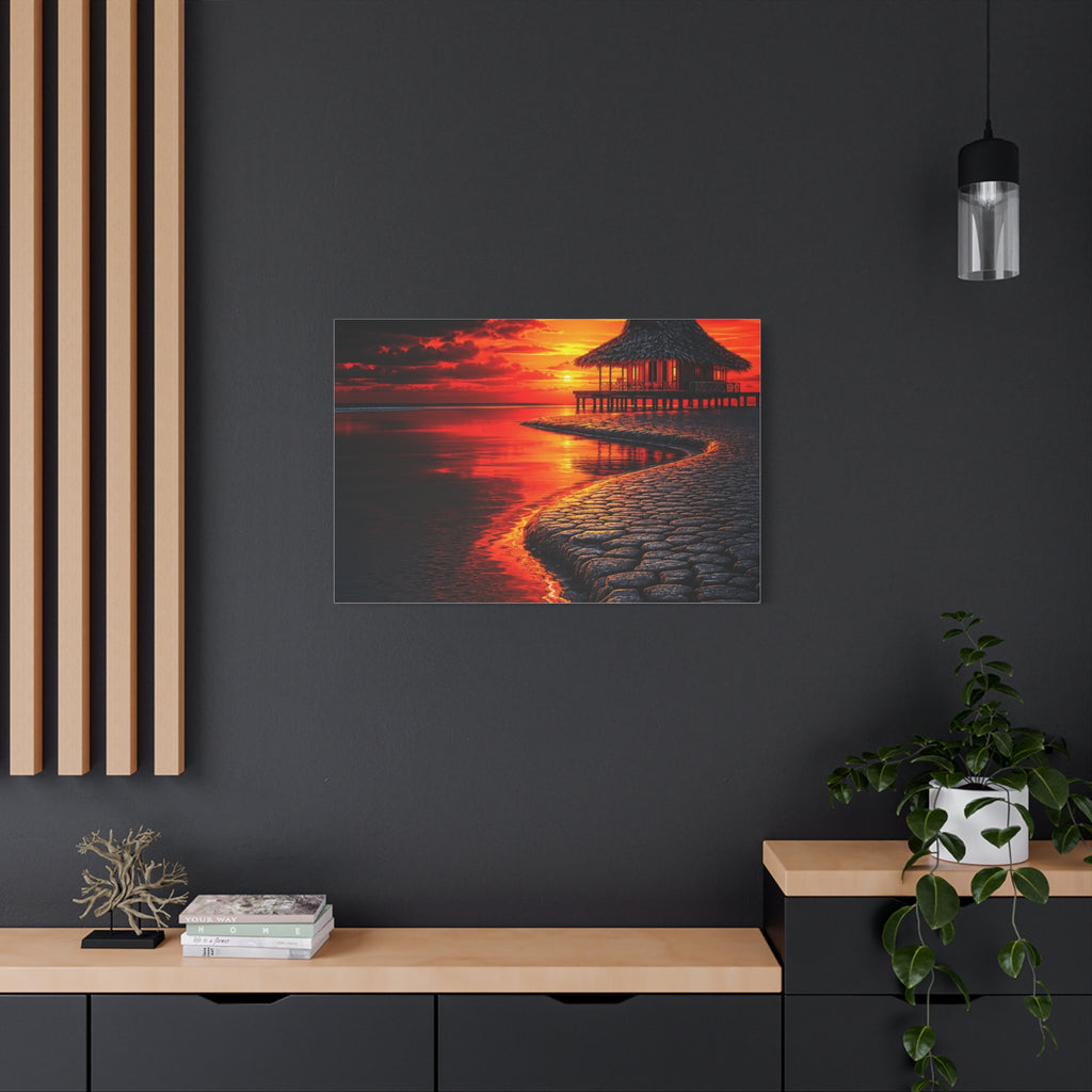 Tropical Sunset Canvas Wall Art — Exotic Hut over Lava-Red Ocean, Matte Stretched 1.25"