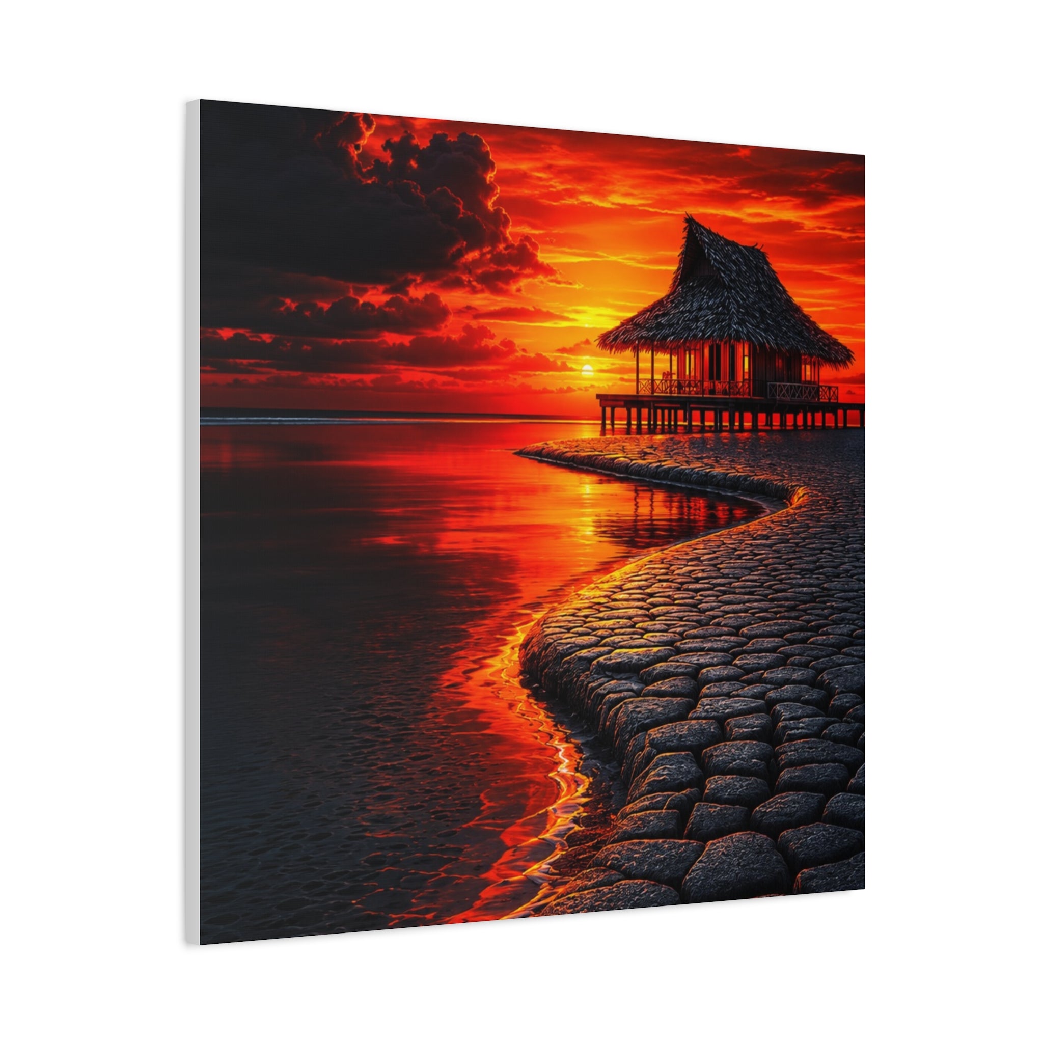 Tropical Sunset Canvas Wall Art — Exotic Hut over Lava-Red Ocean, Matte Stretched 1.25"