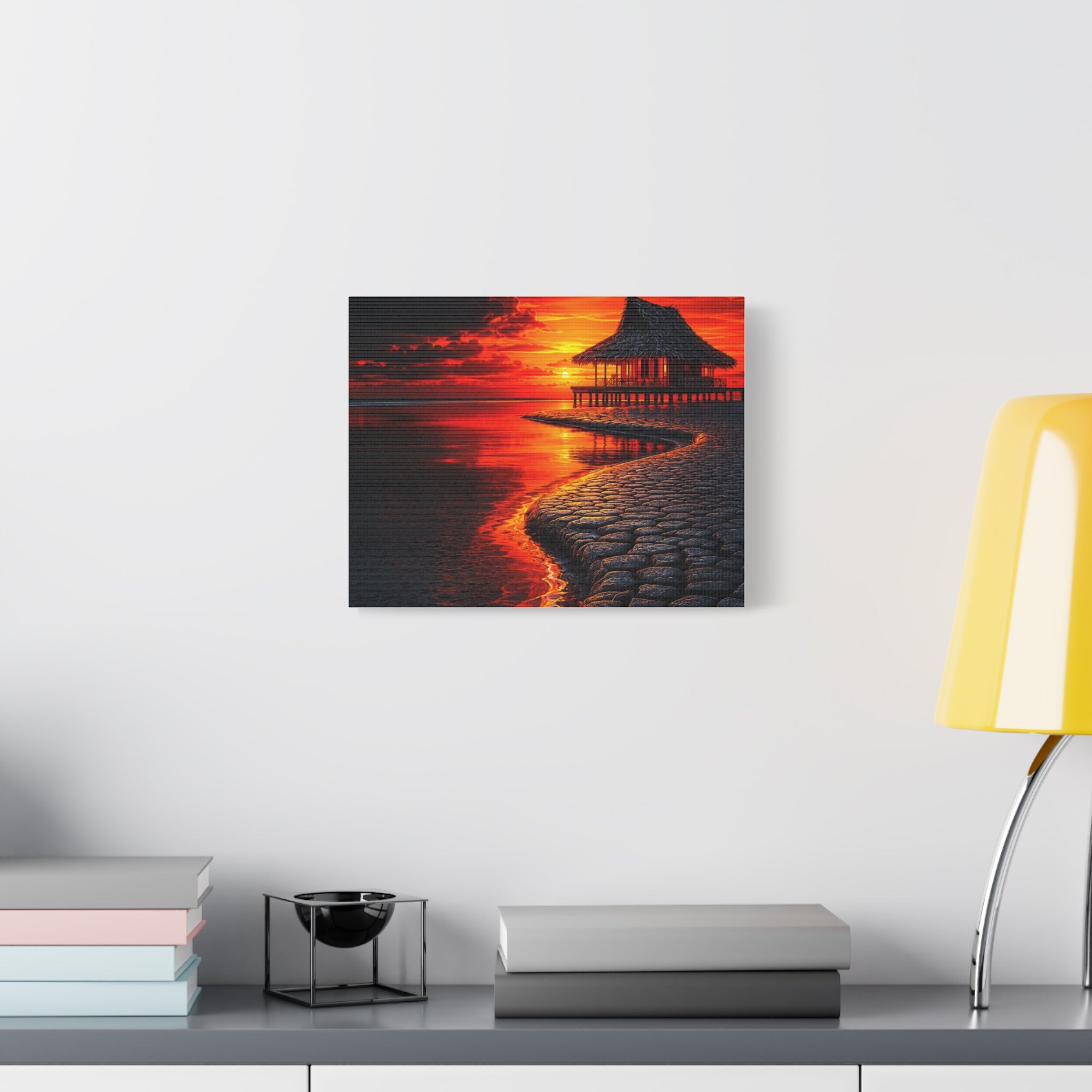 Tropical Sunset Canvas Wall Art — Exotic Hut over Lava-Red Ocean, Matte Stretched 1.25"