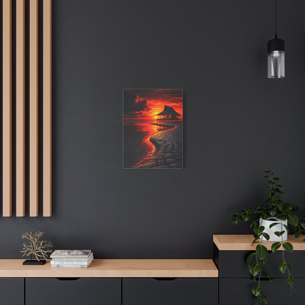 Tropical Sunset Canvas Wall Art — Exotic Hut over Lava-Red Ocean, Matte Stretched 1.25"