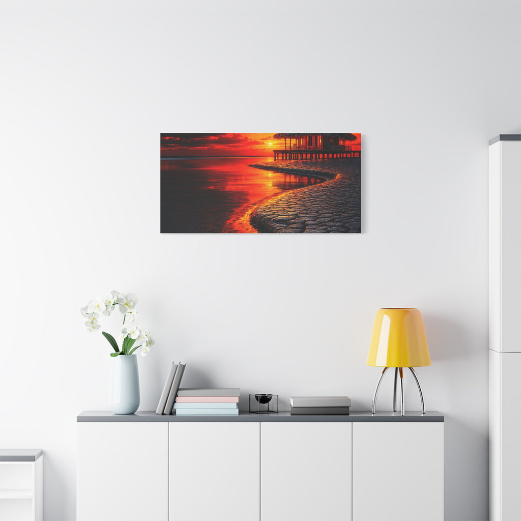 Tropical Sunset Canvas Wall Art — Exotic Hut over Lava-Red Ocean, Matte Stretched 1.25"