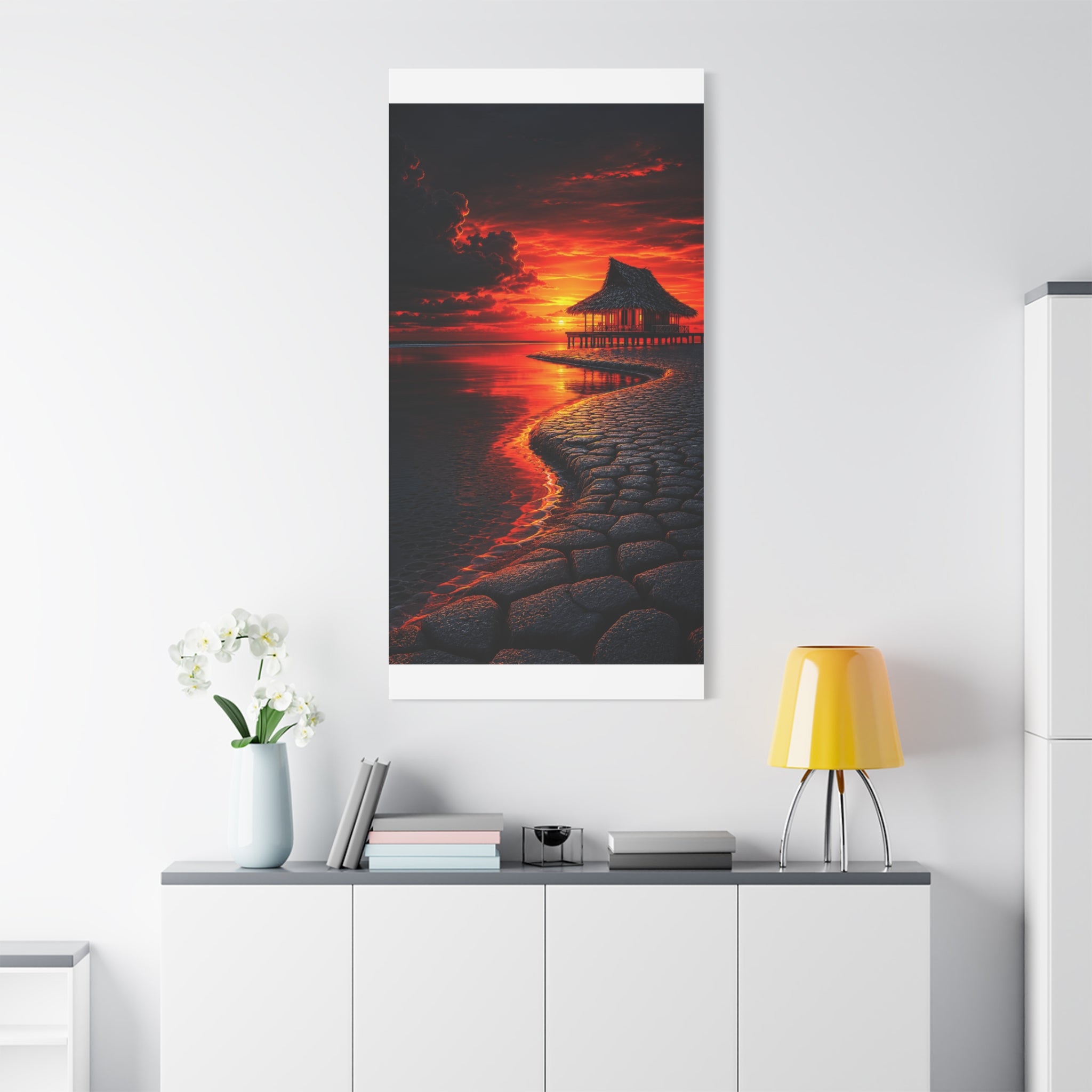 Tropical Sunset Canvas Wall Art — Exotic Hut over Lava-Red Ocean, Matte Stretched 1.25"