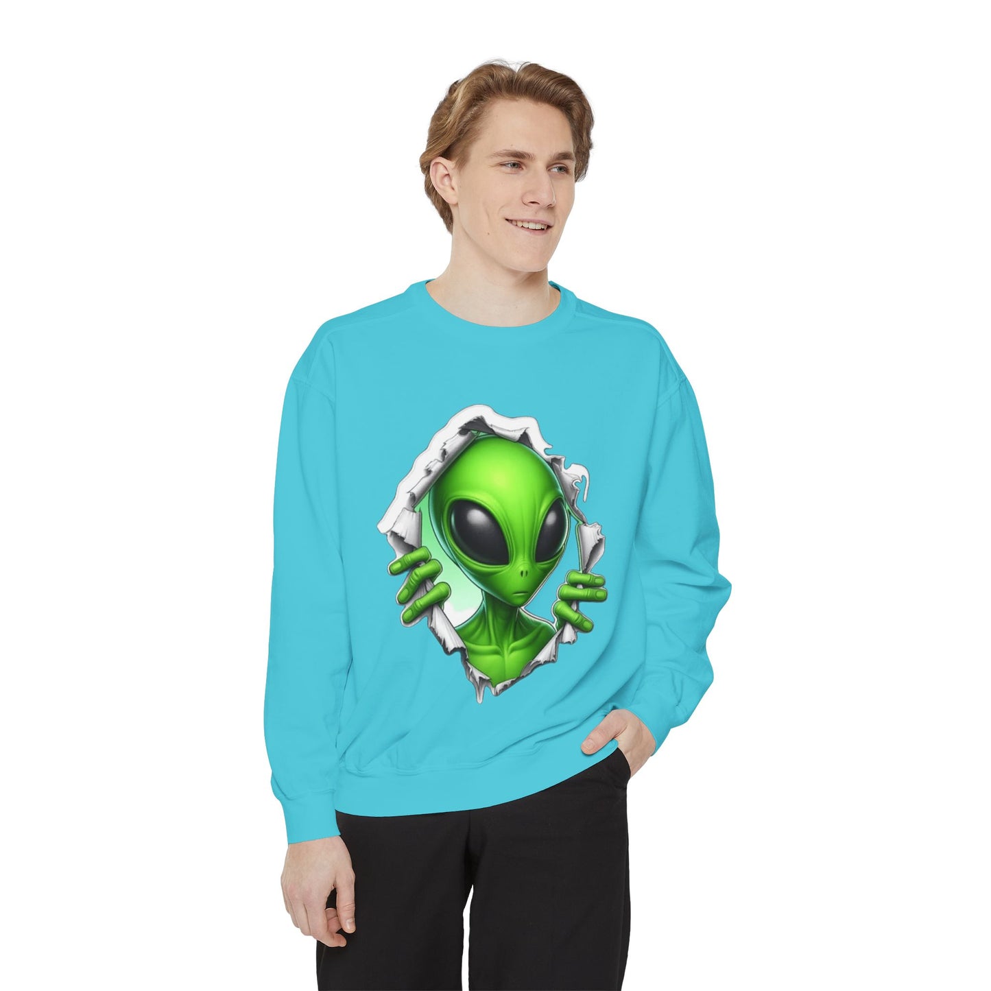 Alien Peeking Graphic Sweatshirt – Green Extraterrestrial Crewneck