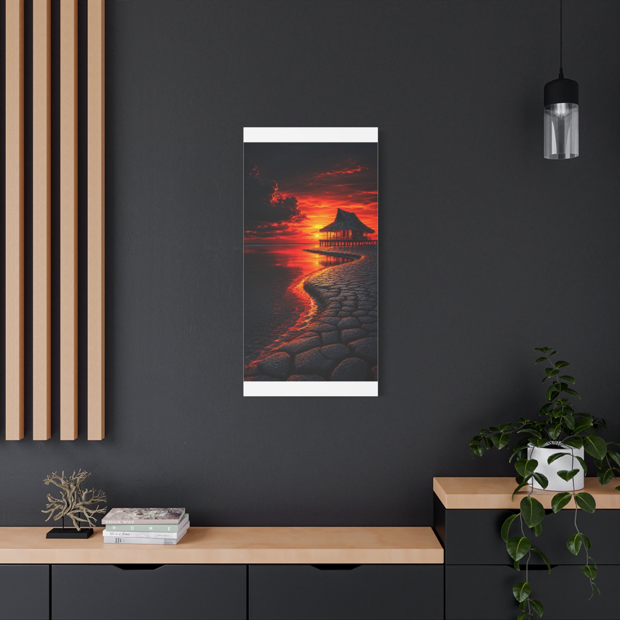 Tropical Sunset Canvas Wall Art — Exotic Hut over Lava-Red Ocean, Matte Stretched 1.25"