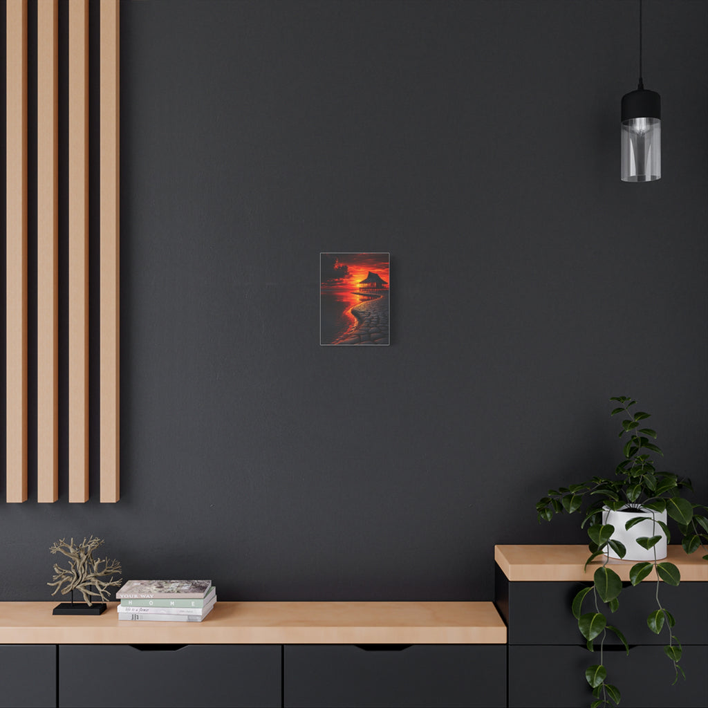 Tropical Sunset Canvas Wall Art — Exotic Hut over Lava-Red Ocean, Matte Stretched 1.25"