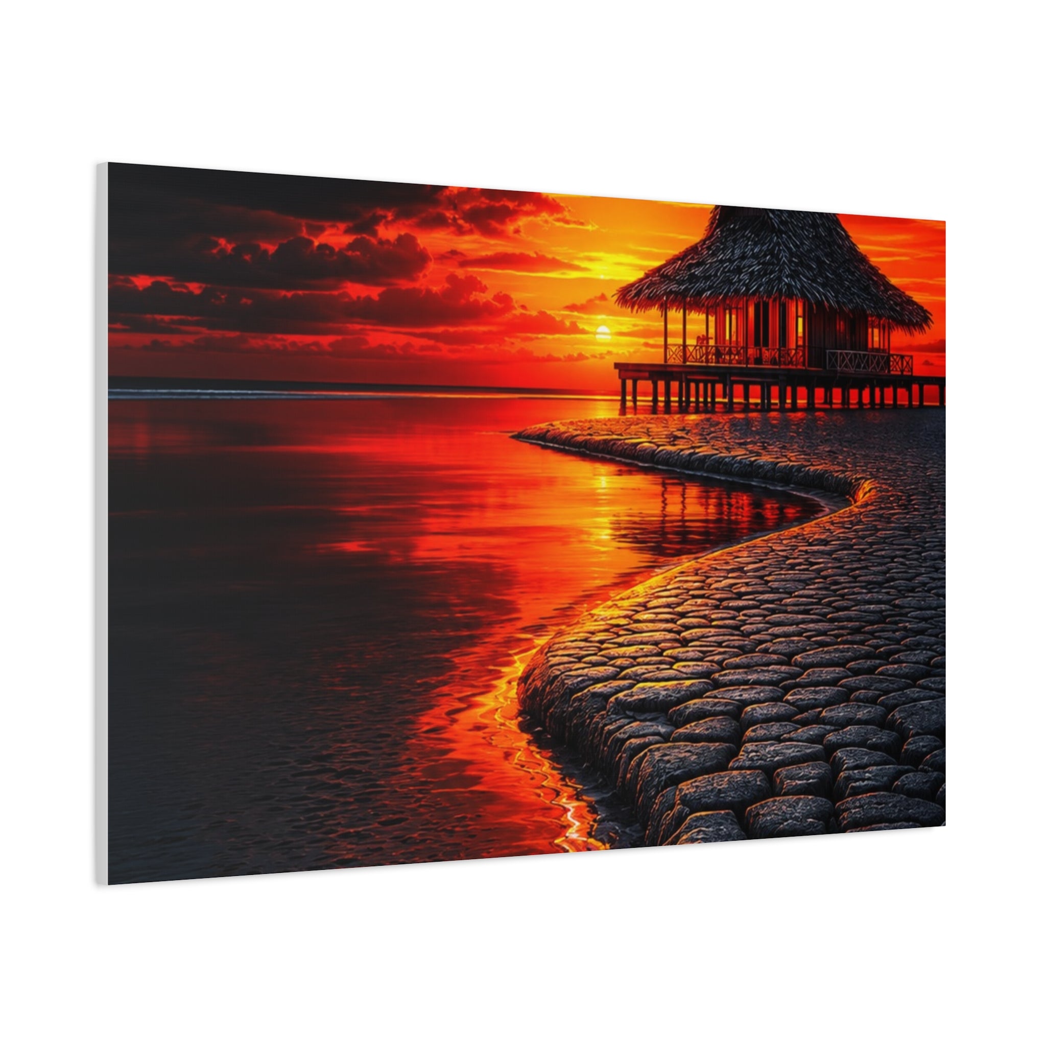 Tropical Sunset Canvas Wall Art — Exotic Hut over Lava-Red Ocean, Matte Stretched 1.25"