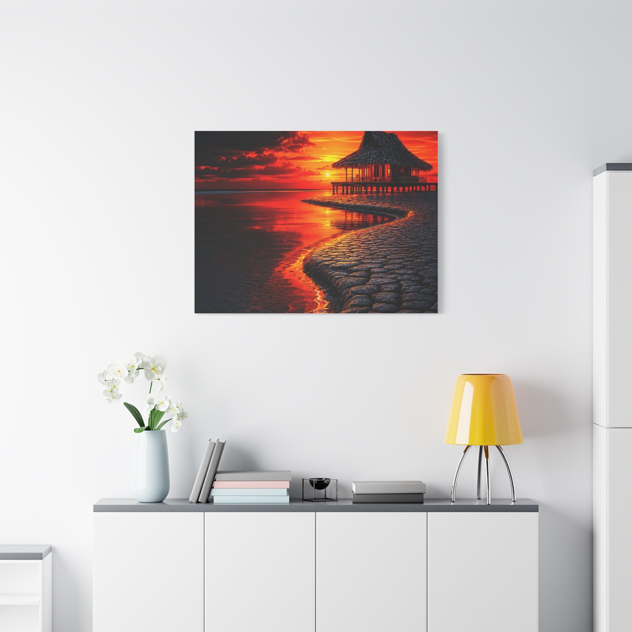 Tropical Sunset Canvas Wall Art — Exotic Hut over Lava-Red Ocean, Matte Stretched 1.25"