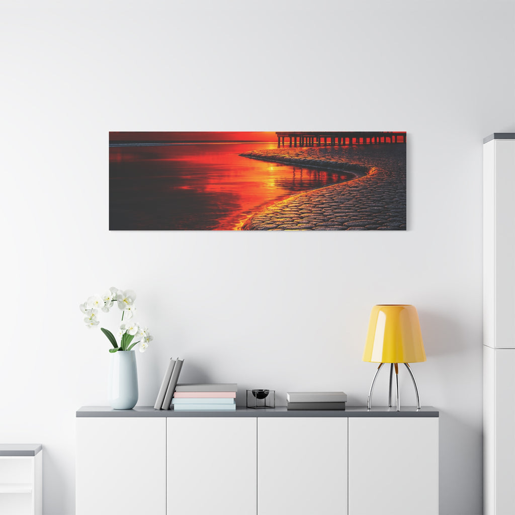 Tropical Sunset Canvas Wall Art — Exotic Hut over Lava-Red Ocean, Matte Stretched 1.25"