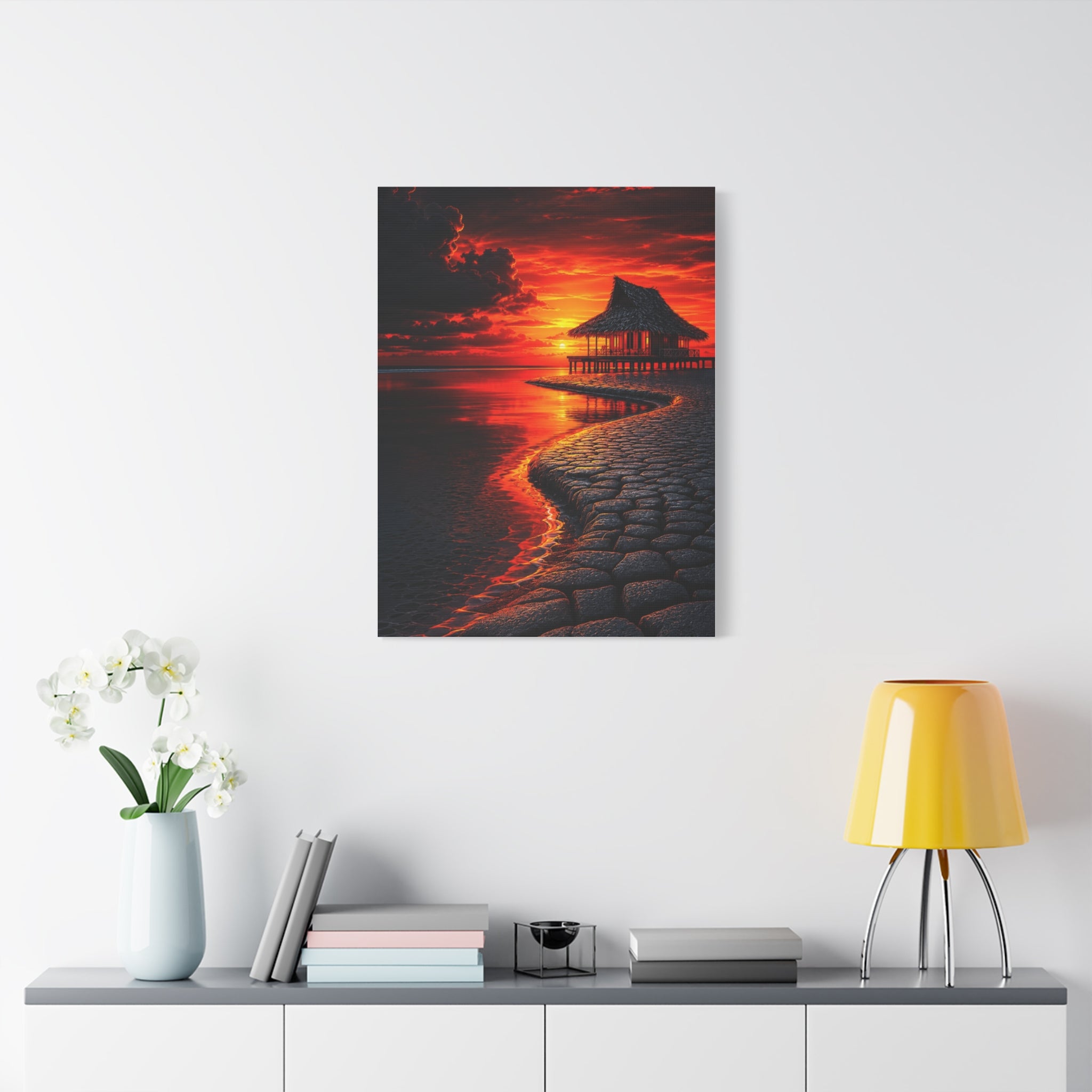 Tropical Sunset Canvas Wall Art — Exotic Hut over Lava-Red Ocean, Matte Stretched 1.25"