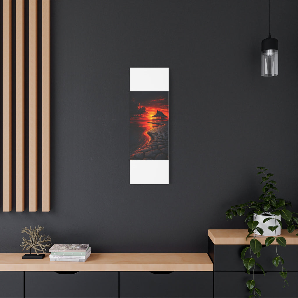 Tropical Sunset Canvas Wall Art — Exotic Hut over Lava-Red Ocean, Matte Stretched 1.25"