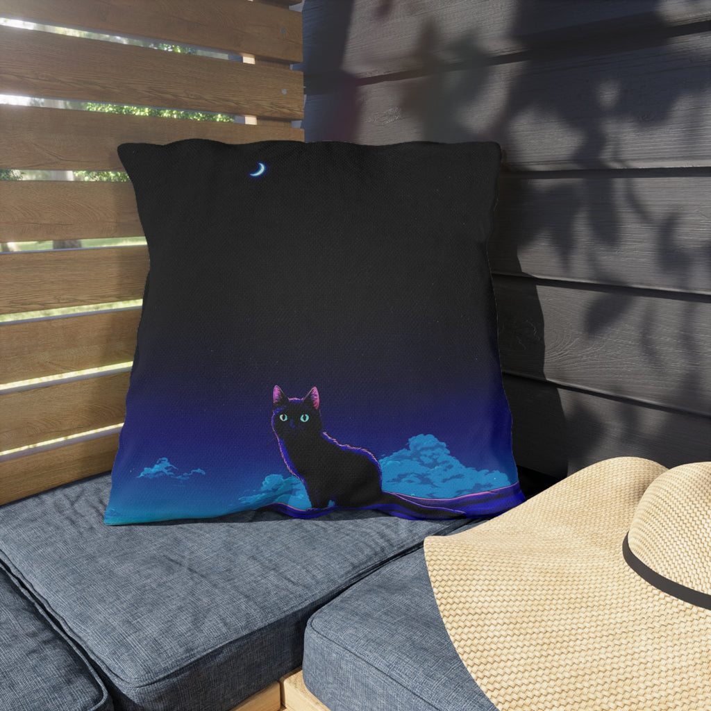 Cat Moon Outdoor Pillow — Night Sky Black Cat Decorative Patio Cushion