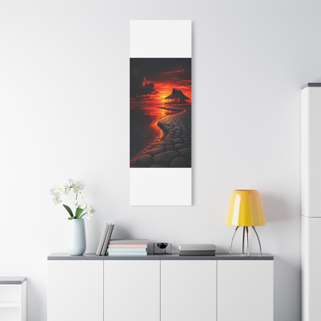 Tropical Sunset Canvas Wall Art — Exotic Hut over Lava-Red Ocean, Matte Stretched 1.25"