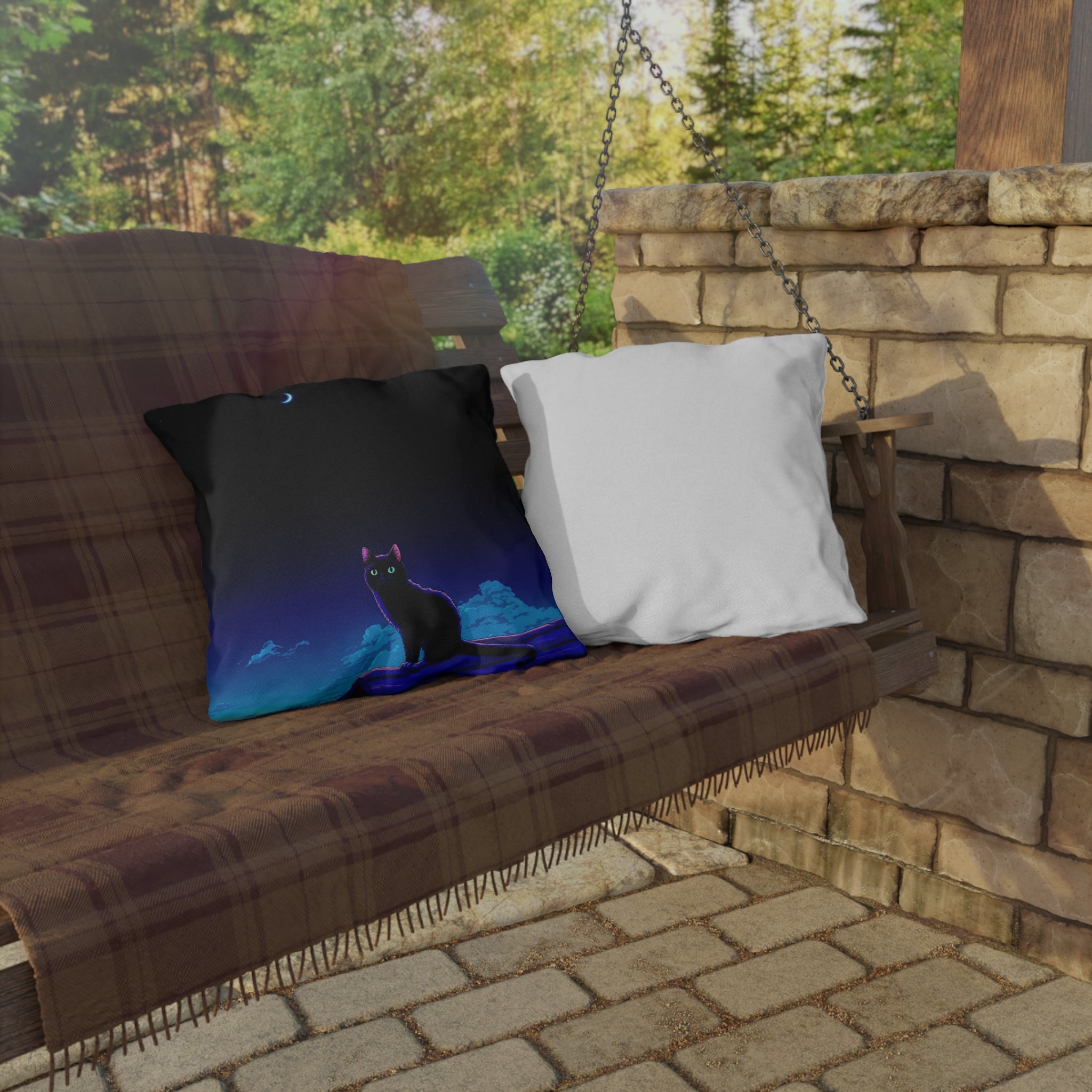 Cat Moon Outdoor Pillow — Night Sky Black Cat Decorative Patio Cushion
