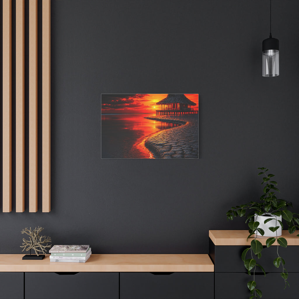 Tropical Sunset Canvas Wall Art — Exotic Hut over Lava-Red Ocean, Matte Stretched 1.25"