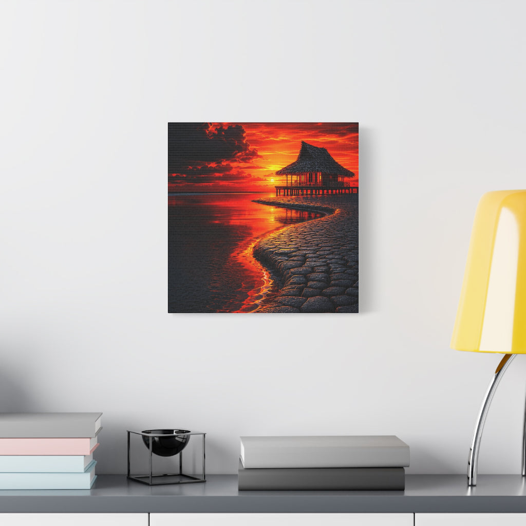 Tropical Sunset Canvas Wall Art — Exotic Hut over Lava-Red Ocean, Matte Stretched 1.25"