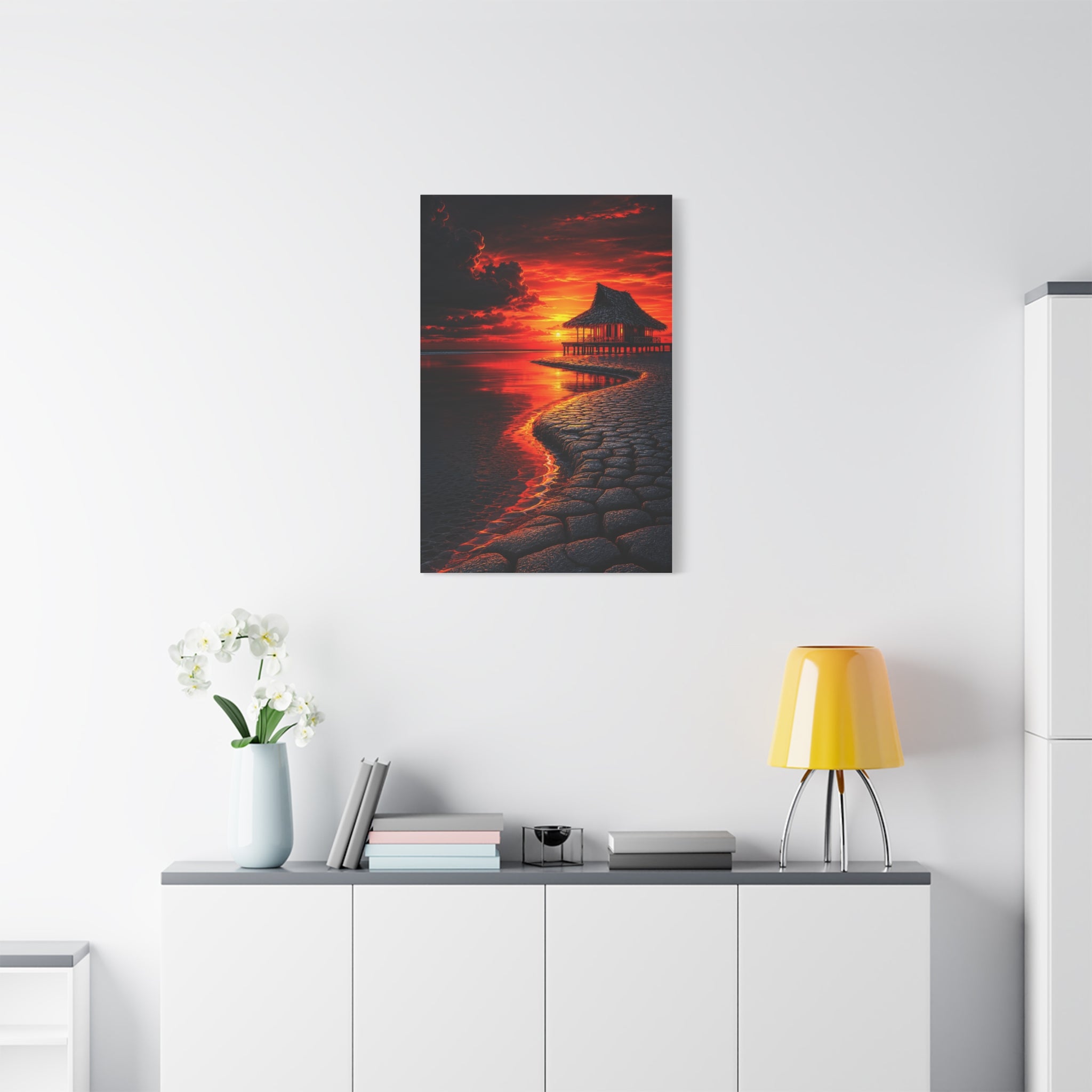 Tropical Sunset Canvas Wall Art — Exotic Hut over Lava-Red Ocean, Matte Stretched 1.25"