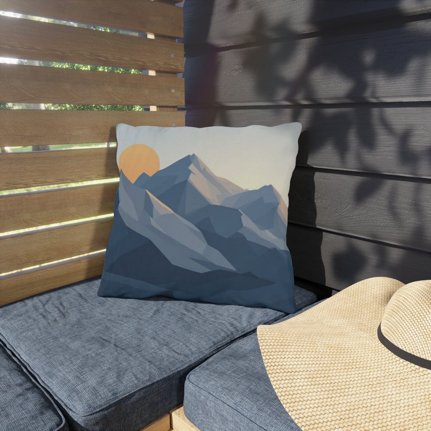 Mountain Sunrise Outdoor Pillow — Geometric Blue Peak Throw Pillow for Patio & Deck
