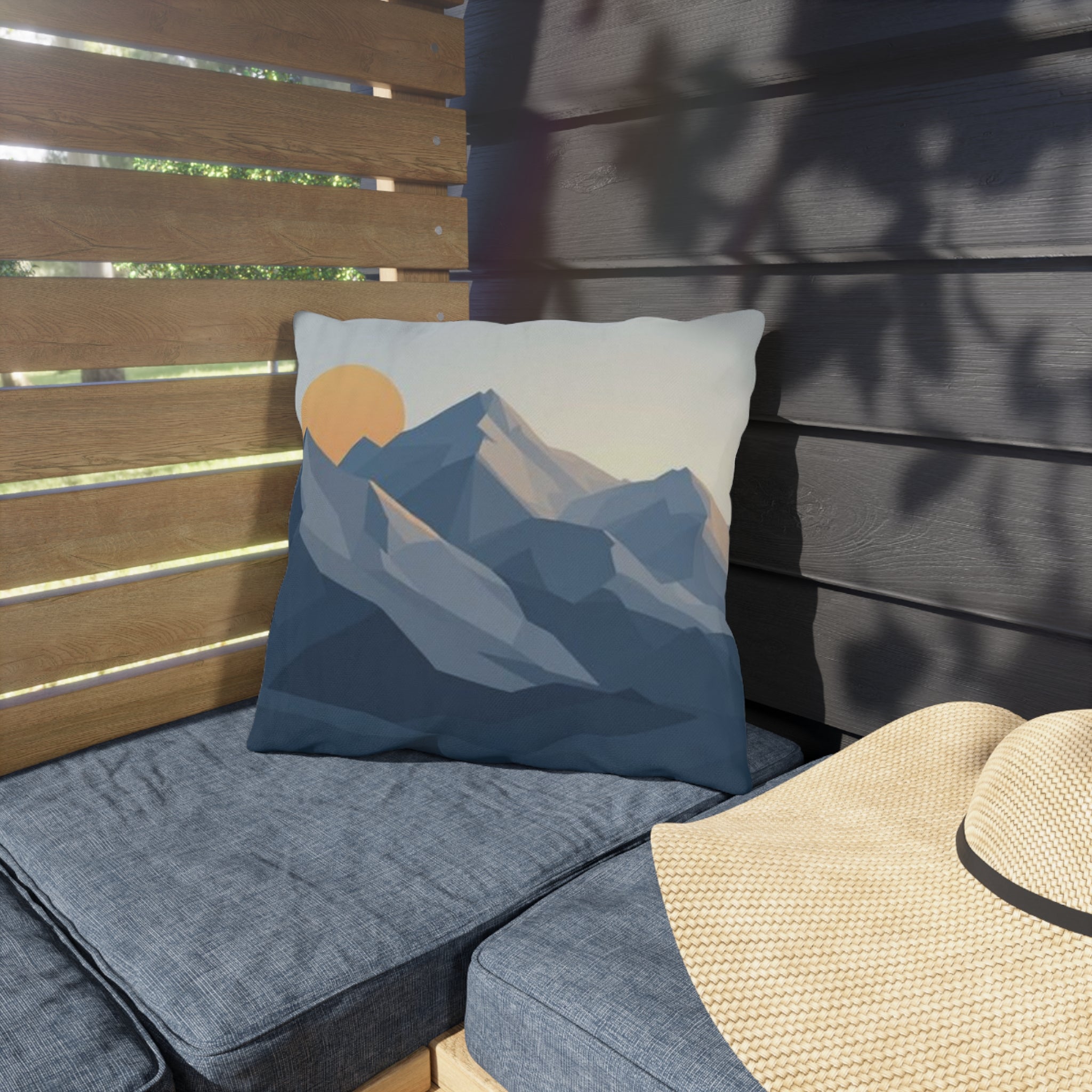 Mountain Sunrise Outdoor Pillow — Geometric Blue Peak Throw Pillow for Patio & Deck
