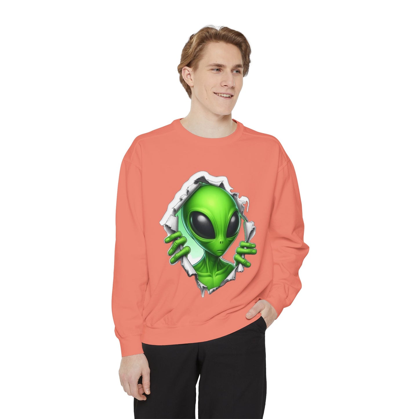 Alien Peeking Graphic Sweatshirt – Green Extraterrestrial Crewneck