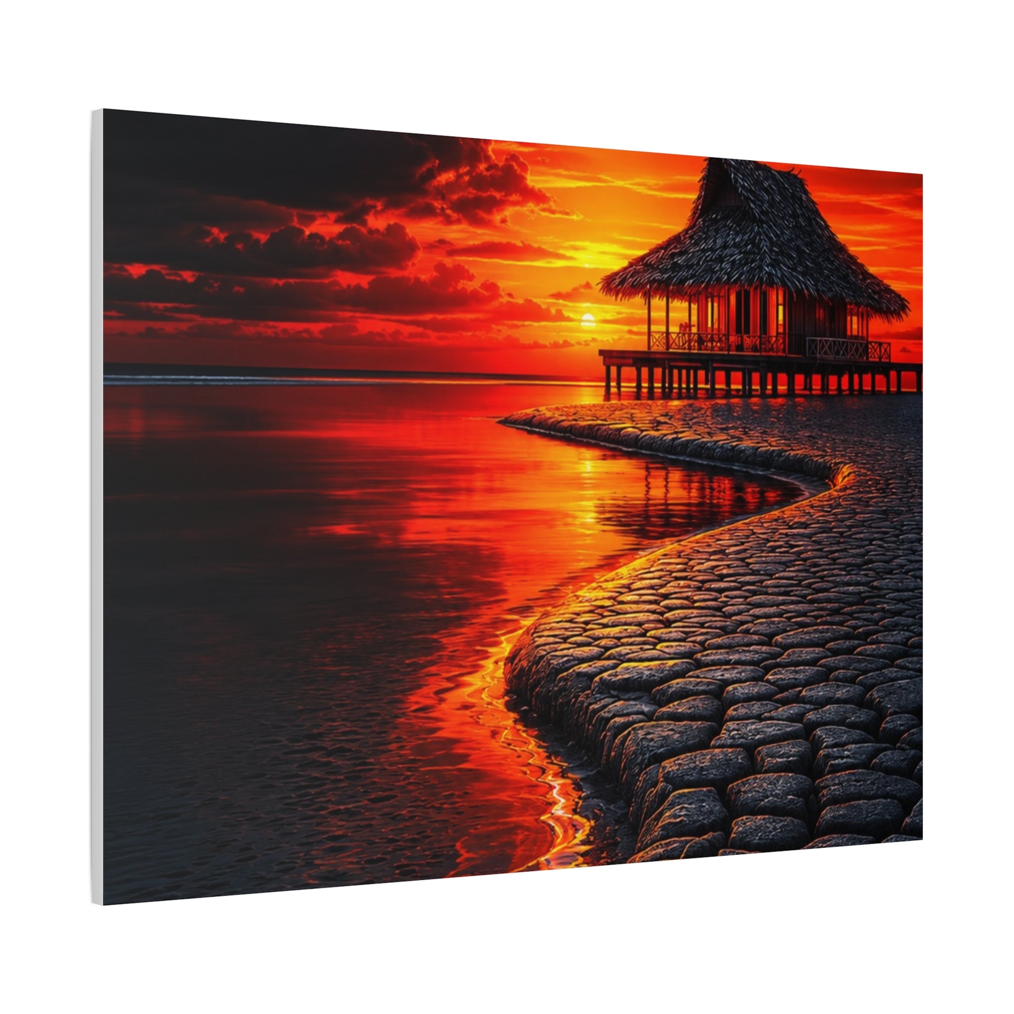 Tropical Sunset Canvas Wall Art — Exotic Hut over Lava-Red Ocean, Matte Stretched 1.25"