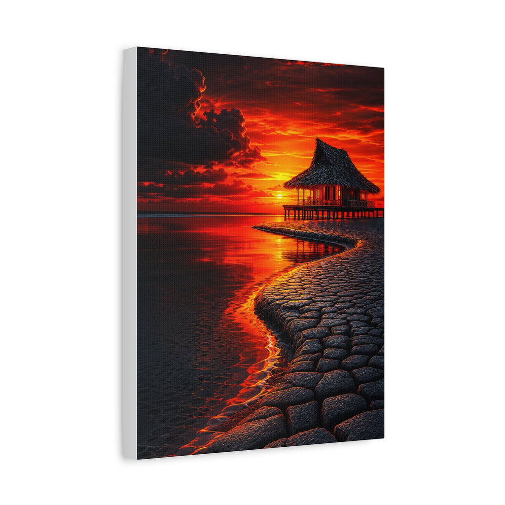 Tropical Sunset Canvas Wall Art — Exotic Hut over Lava-Red Ocean, Matte Stretched 1.25"