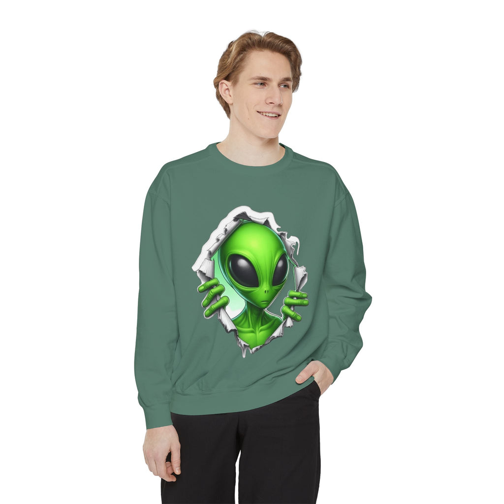 Alien Peeking Graphic Sweatshirt – Green Extraterrestrial Crewneck