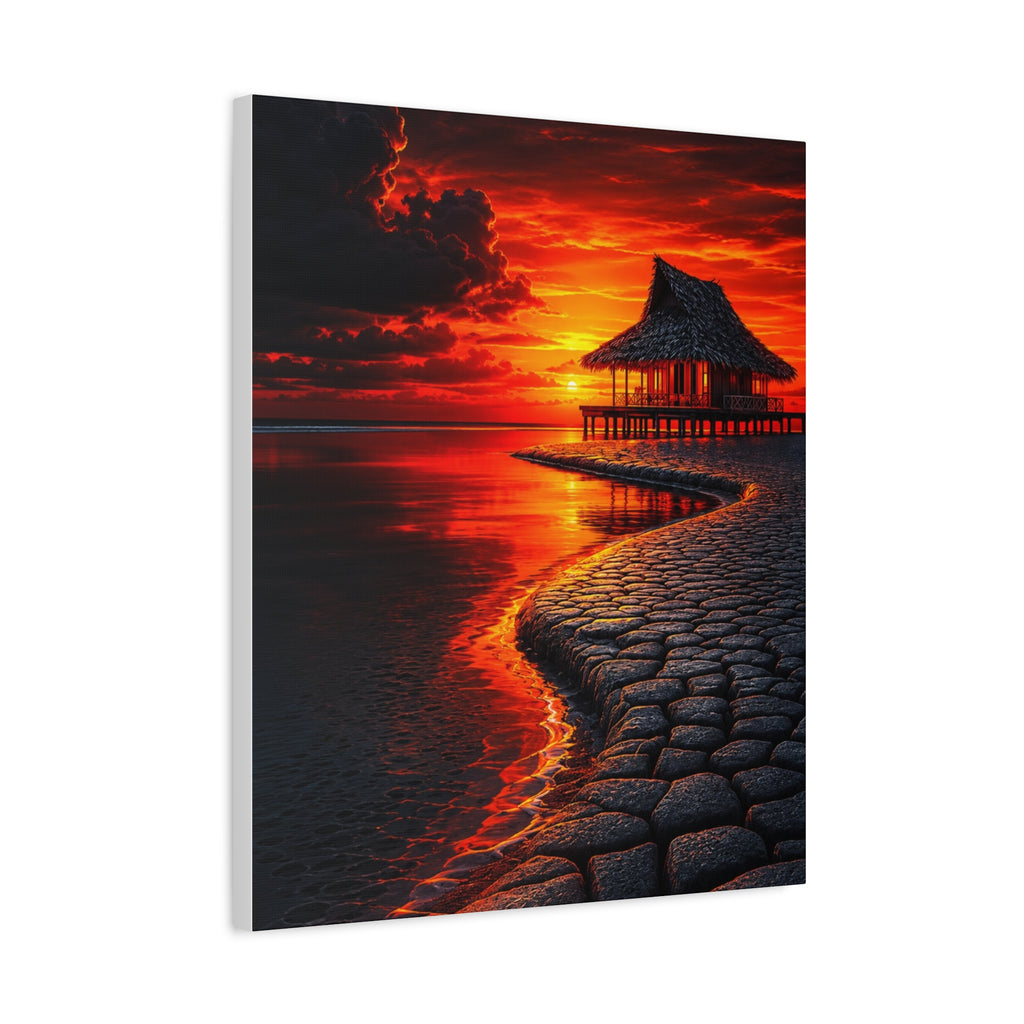 Tropical Sunset Canvas Wall Art — Exotic Hut over Lava-Red Ocean, Matte Stretched 1.25"