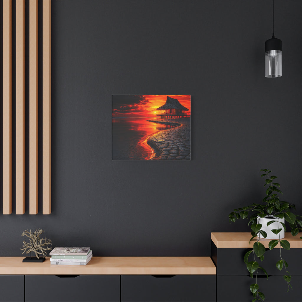 Tropical Sunset Canvas Wall Art — Exotic Hut over Lava-Red Ocean, Matte Stretched 1.25"