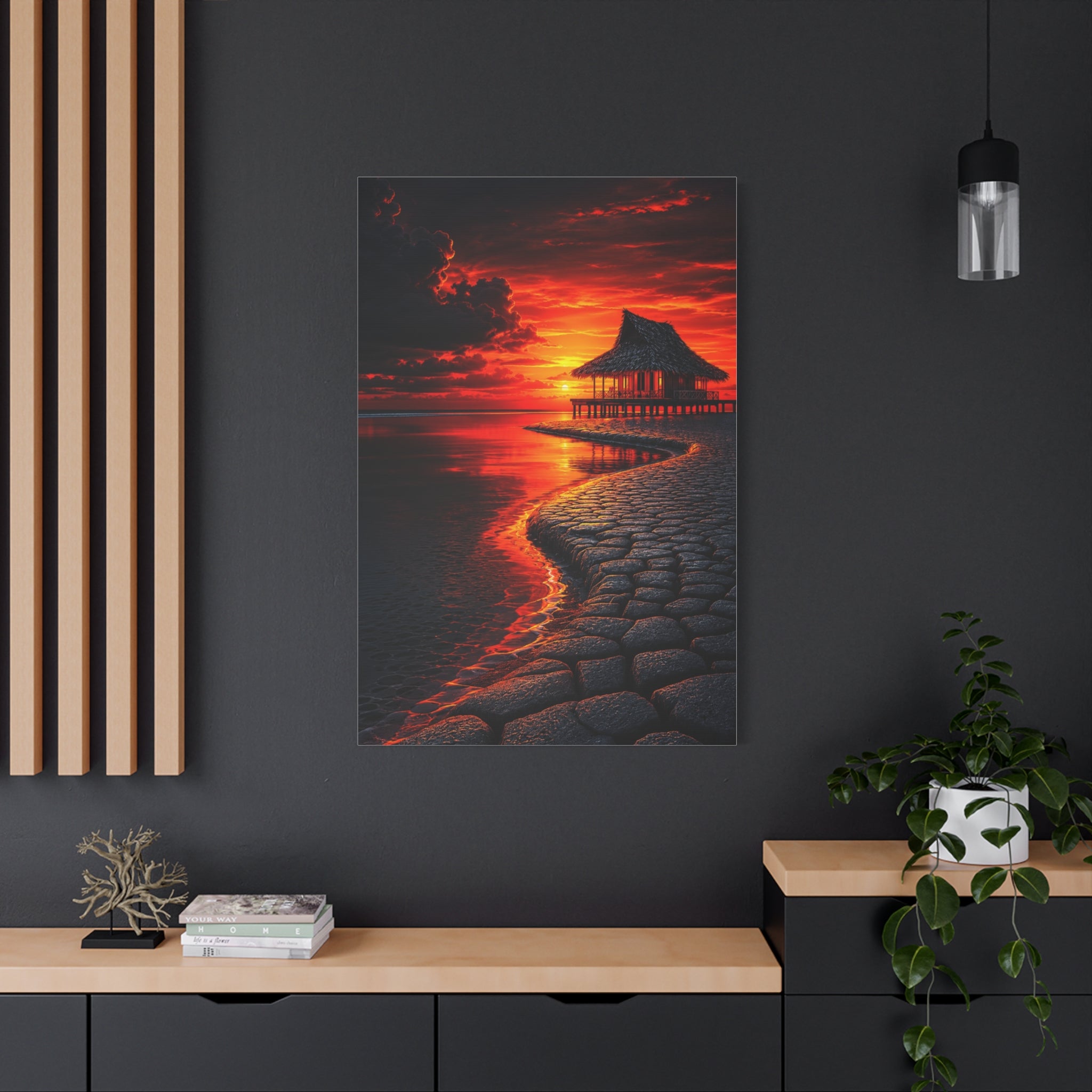 Tropical Sunset Canvas Wall Art — Exotic Hut over Lava-Red Ocean, Matte Stretched 1.25"
