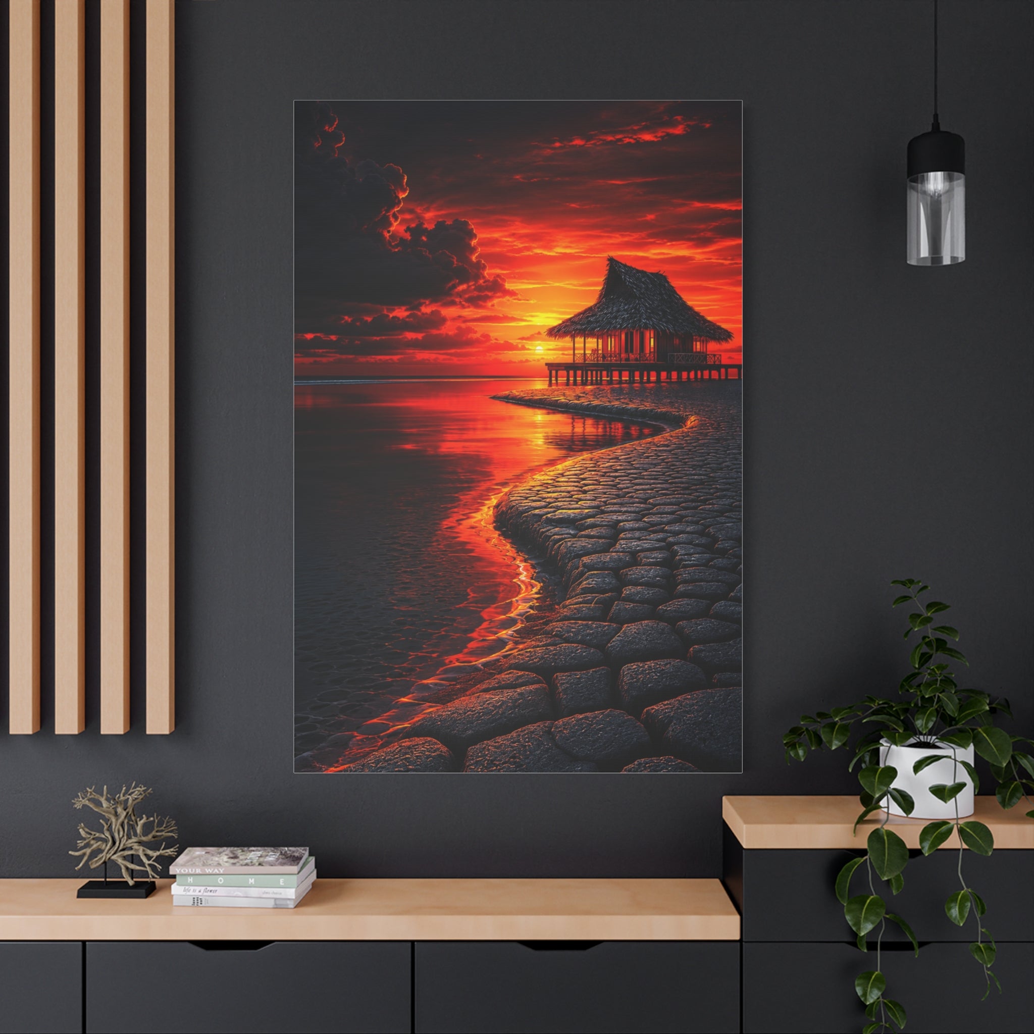 Tropical Sunset Canvas Wall Art — Exotic Hut over Lava-Red Ocean, Matte Stretched 1.25"