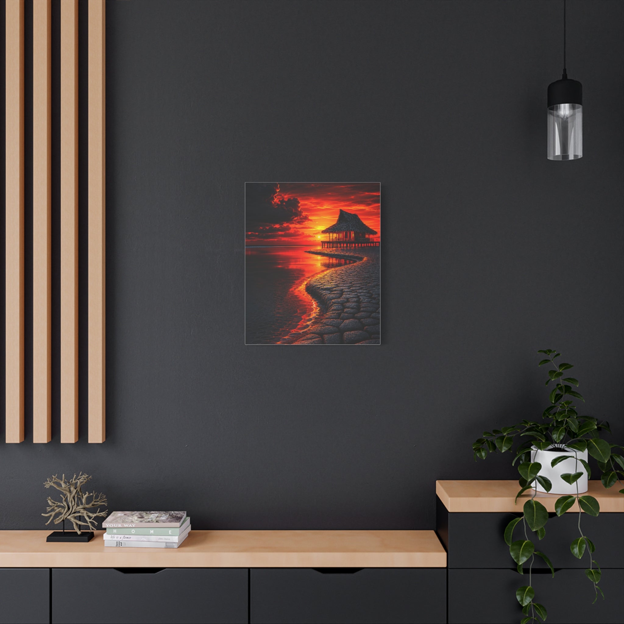 Tropical Sunset Canvas Wall Art — Exotic Hut over Lava-Red Ocean, Matte Stretched 1.25"
