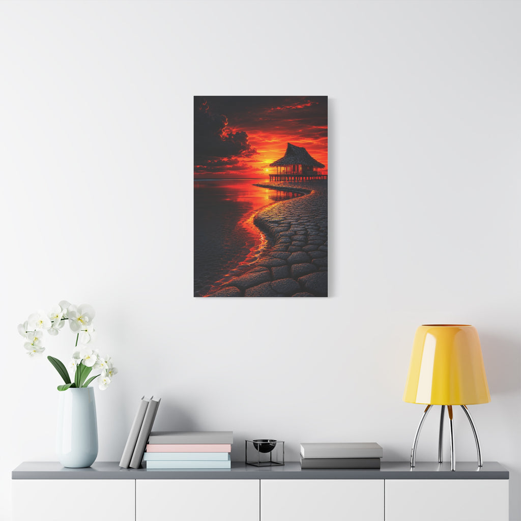 Tropical Sunset Canvas Wall Art — Exotic Hut over Lava-Red Ocean, Matte Stretched 1.25"