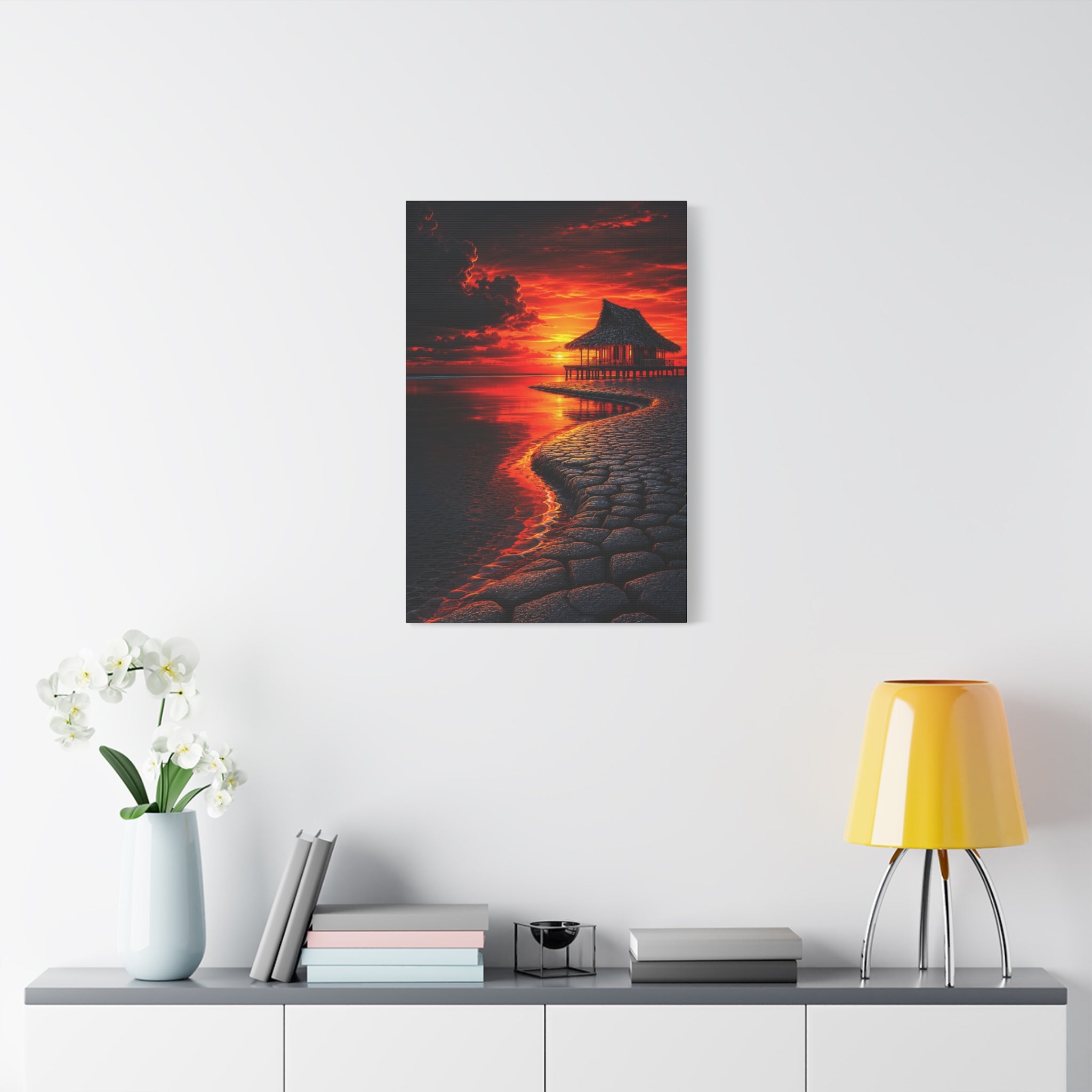 Tropical Sunset Canvas Wall Art — Exotic Hut over Lava-Red Ocean, Matte Stretched 1.25"