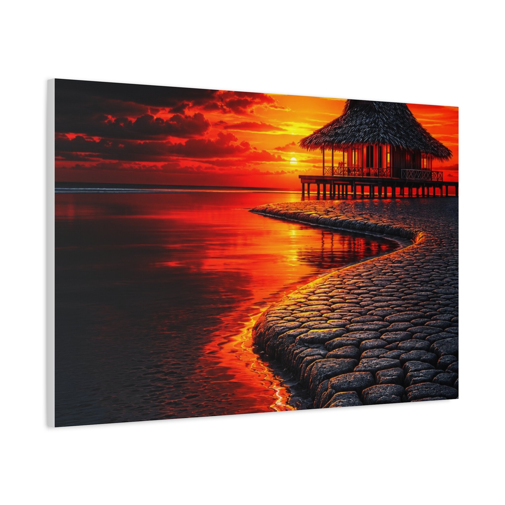 Tropical Sunset Canvas Wall Art — Exotic Hut over Lava-Red Ocean, Matte Stretched 1.25"