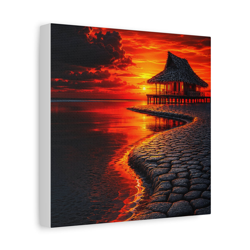 Tropical Sunset Canvas Wall Art — Exotic Hut over Lava-Red Ocean, Matte Stretched 1.25"