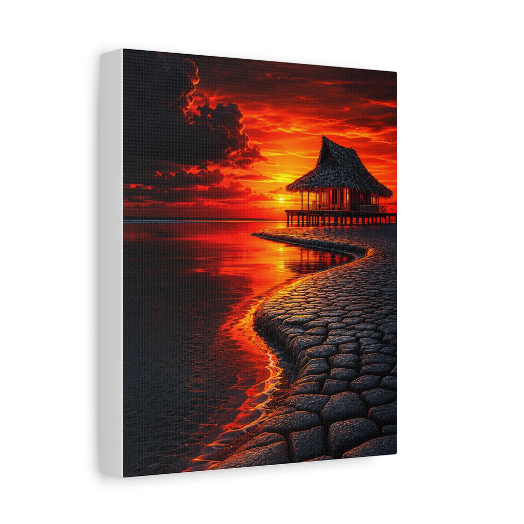 Tropical Sunset Canvas Wall Art — Exotic Hut over Lava-Red Ocean, Matte Stretched 1.25"